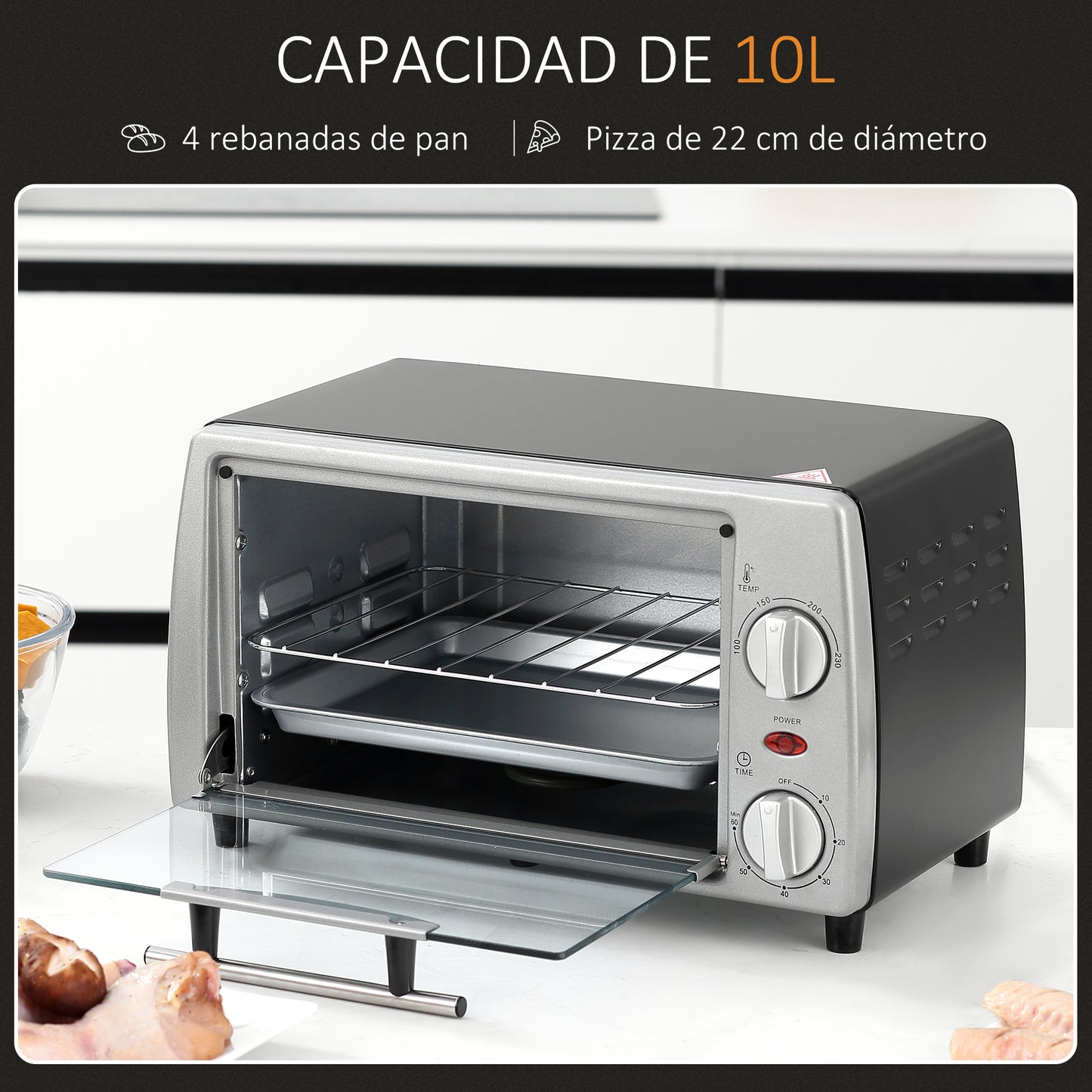 HOMCOM Horno Eléctrico Sobremesa 10 Litros 750W Horno Eléctrico Pequeño con Temperatura hasta 230 ℃ Temporizador 60 Minutos Bandeja y Rejilla 36,5x26x22 cm Plata