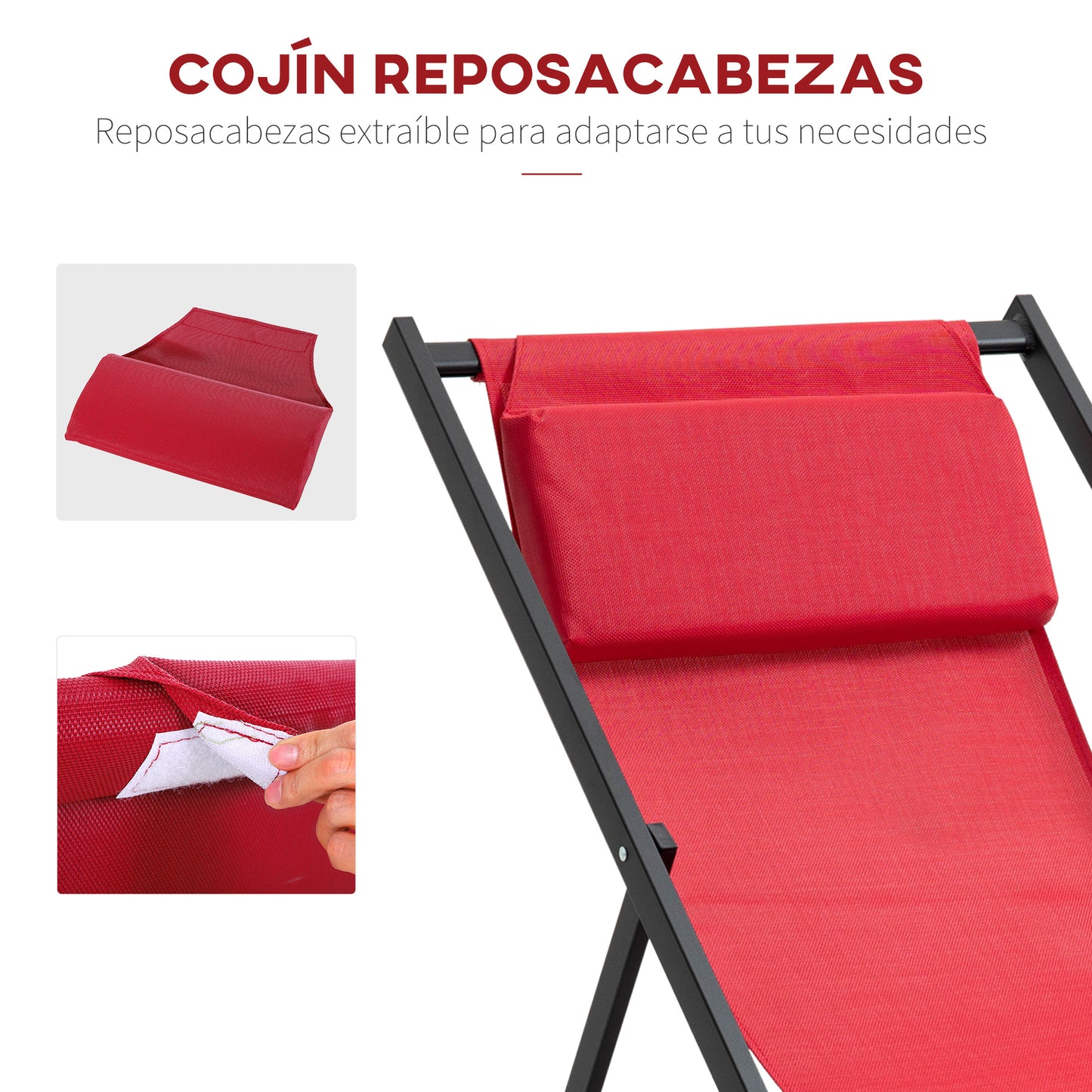 Outsunny Conjunto de 2 Tumbonas Plegables de Aluminio Tumbonas de Jardín con Respaldo Regulable en 5 Posiciones y Reposacabezas para Terraza Patio Exterior 58x96,5x91,5 cm Rojo Vino