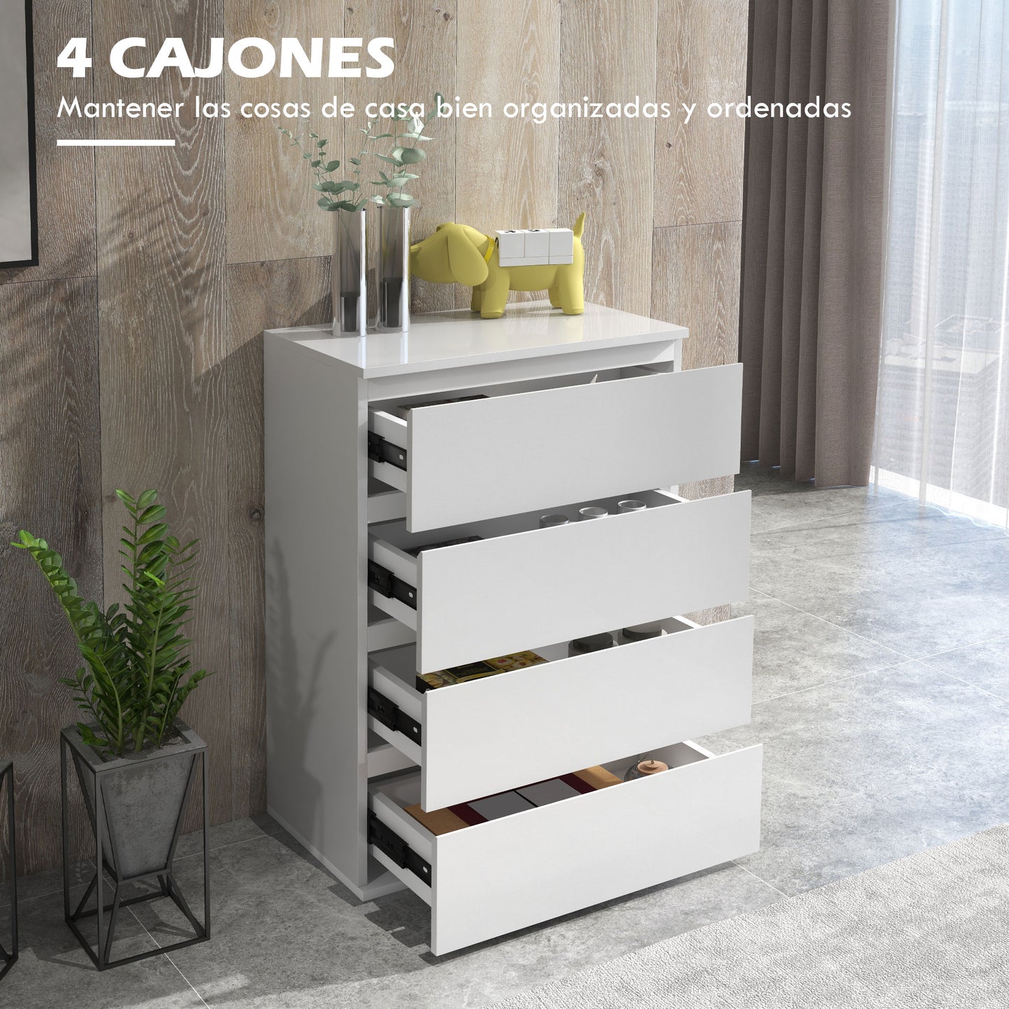 HOMCOM Cómoda con 4 Cajones de Madera Cajonera de Dormitorio Cómoda Blanca Brillante para Salón Habitación Dormitorio Estilo Moderno 55x33x80 cm