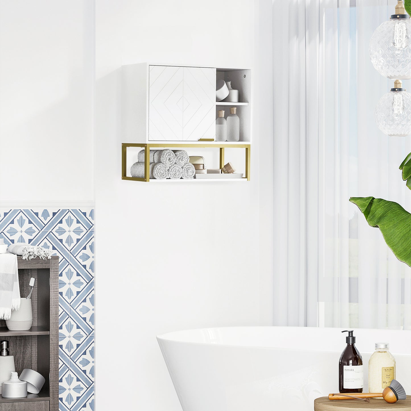 kleankin Armario de Pared para Baño Armario Colgante de Baño con Puerta Estante Ajustable y Almacenamiento Inferior para Pasillo Cocina Salón 60x20x51 cm Blanco