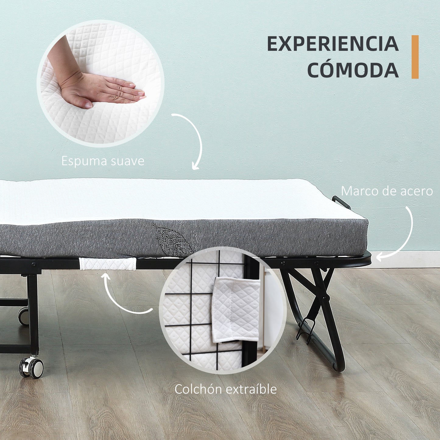 HOMCOM Cama Plegable 200x80x42,5 cm Cama de Camping Portátil con Colchón Individual Ruedas y Frenos Carga 150 kg para Dormitorio Salón Oficina Blanco