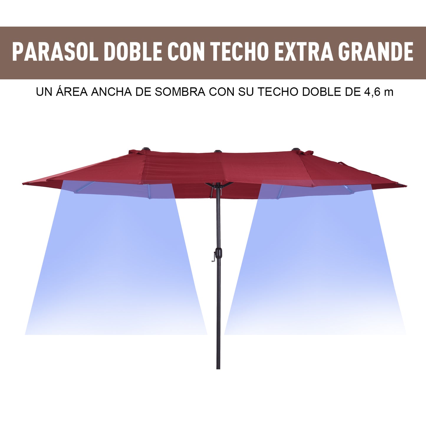 Outsunny Sombrilla Doble Parasol Grande 4.6x2.7m Sombrilla Jardín Patio con Manivela Manual Resistente al Agua y Protección Solar para Terraza Playa Piscina Rojo