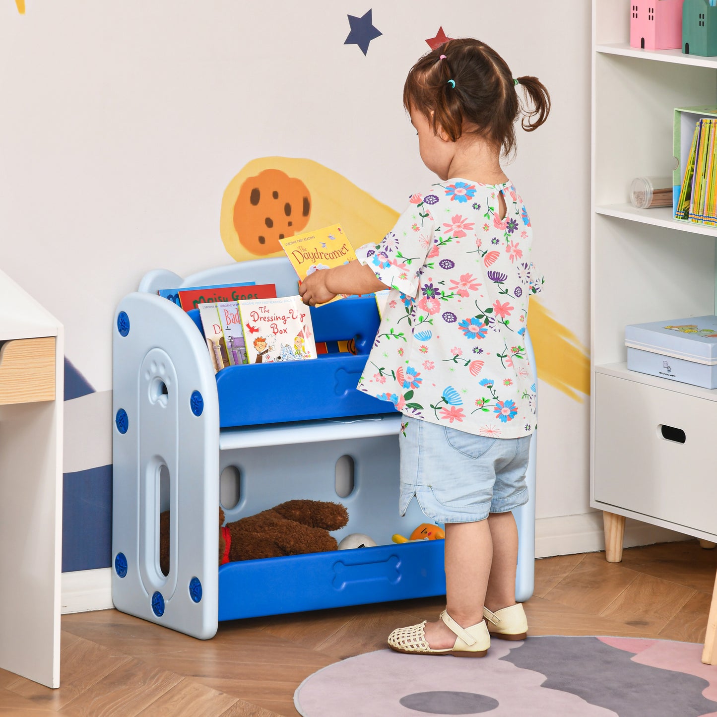 HOMCOM Estantería infantil de Juguetes Librería para Niños con 2 Estantes y Compartimento con Tapa Abatible para Habitación Carga 20 kg 70x33x62,5 cm Azul