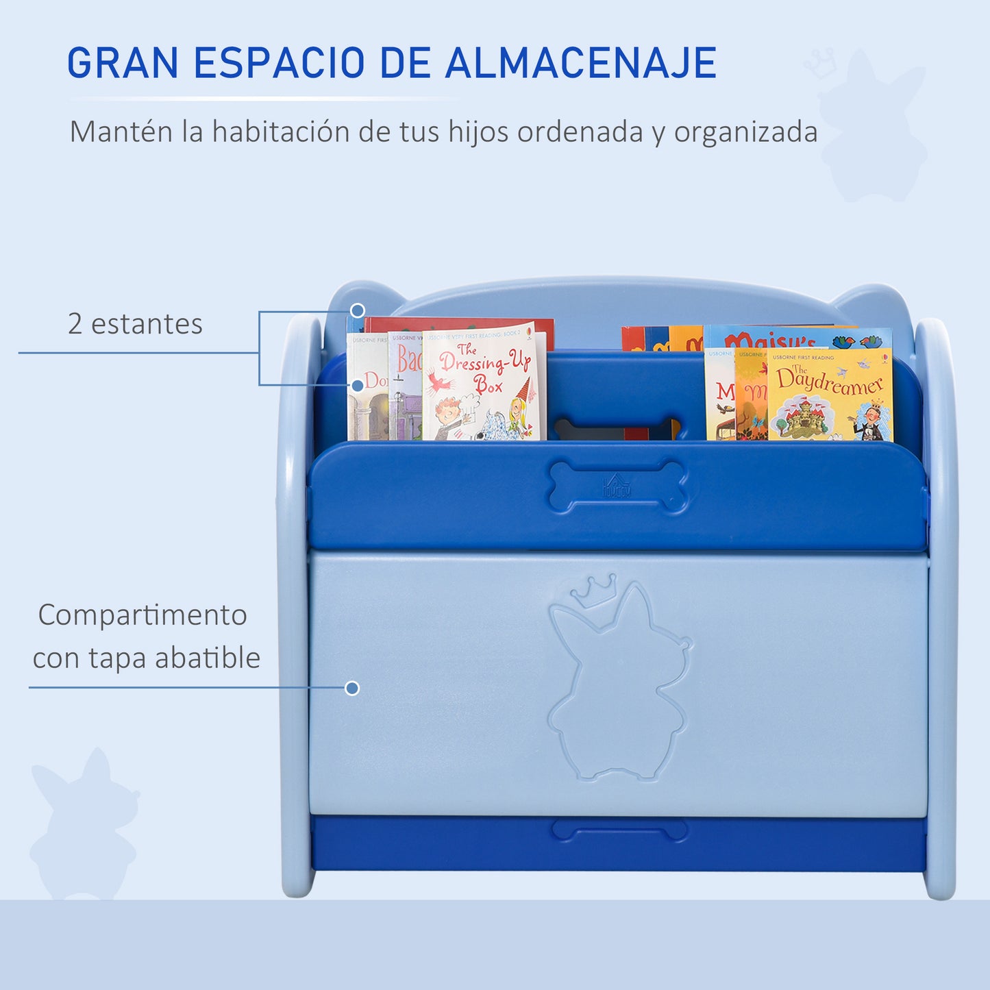 HOMCOM Estantería infantil de Juguetes Librería para Niños con 2 Estantes y Compartimento con Tapa Abatible para Habitación Carga 20 kg 70x33x62,5 cm Azul