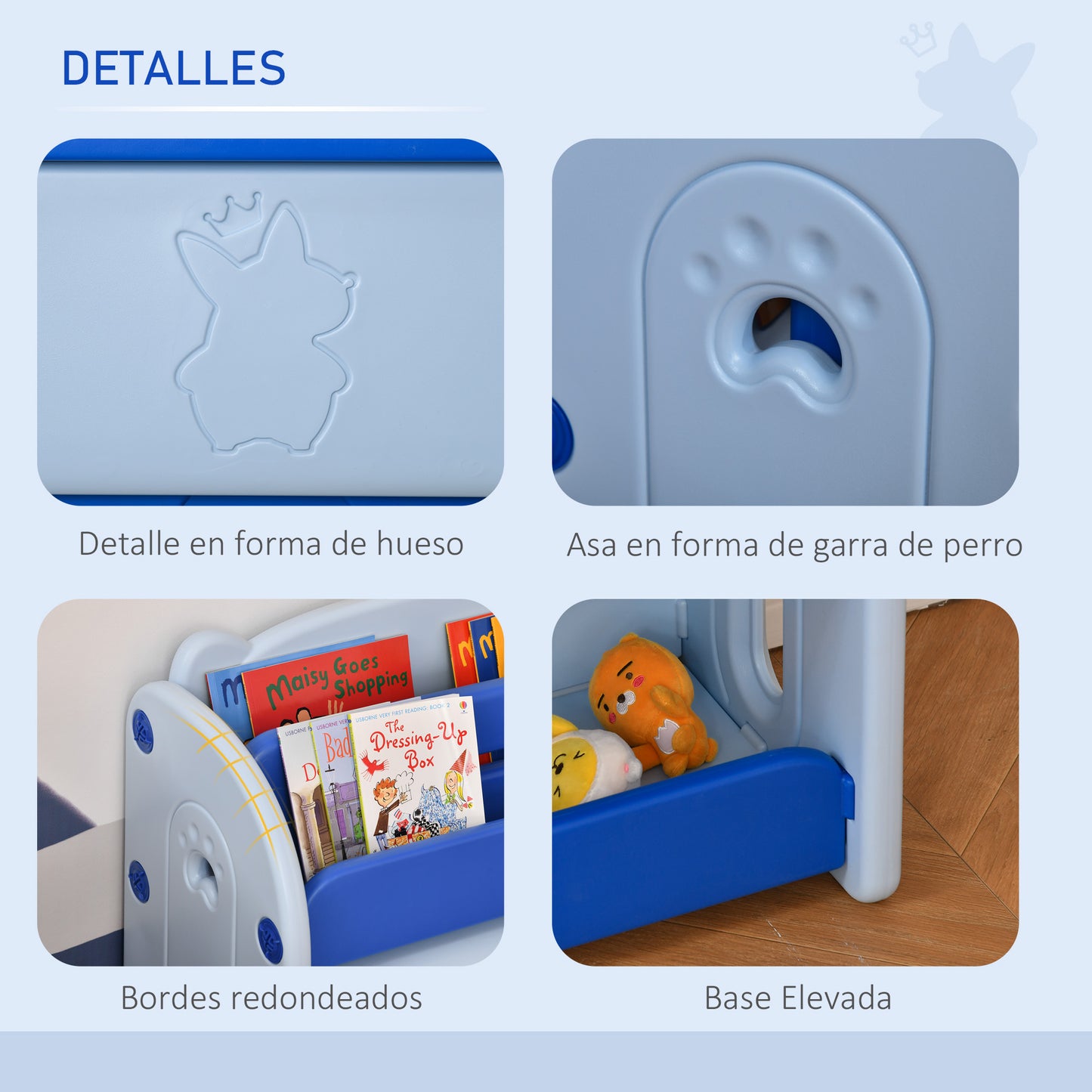 HOMCOM Estantería infantil de Juguetes Librería para Niños con 2 Estantes y Compartimento con Tapa Abatible para Habitación Carga 20 kg 70x33x62,5 cm Azul