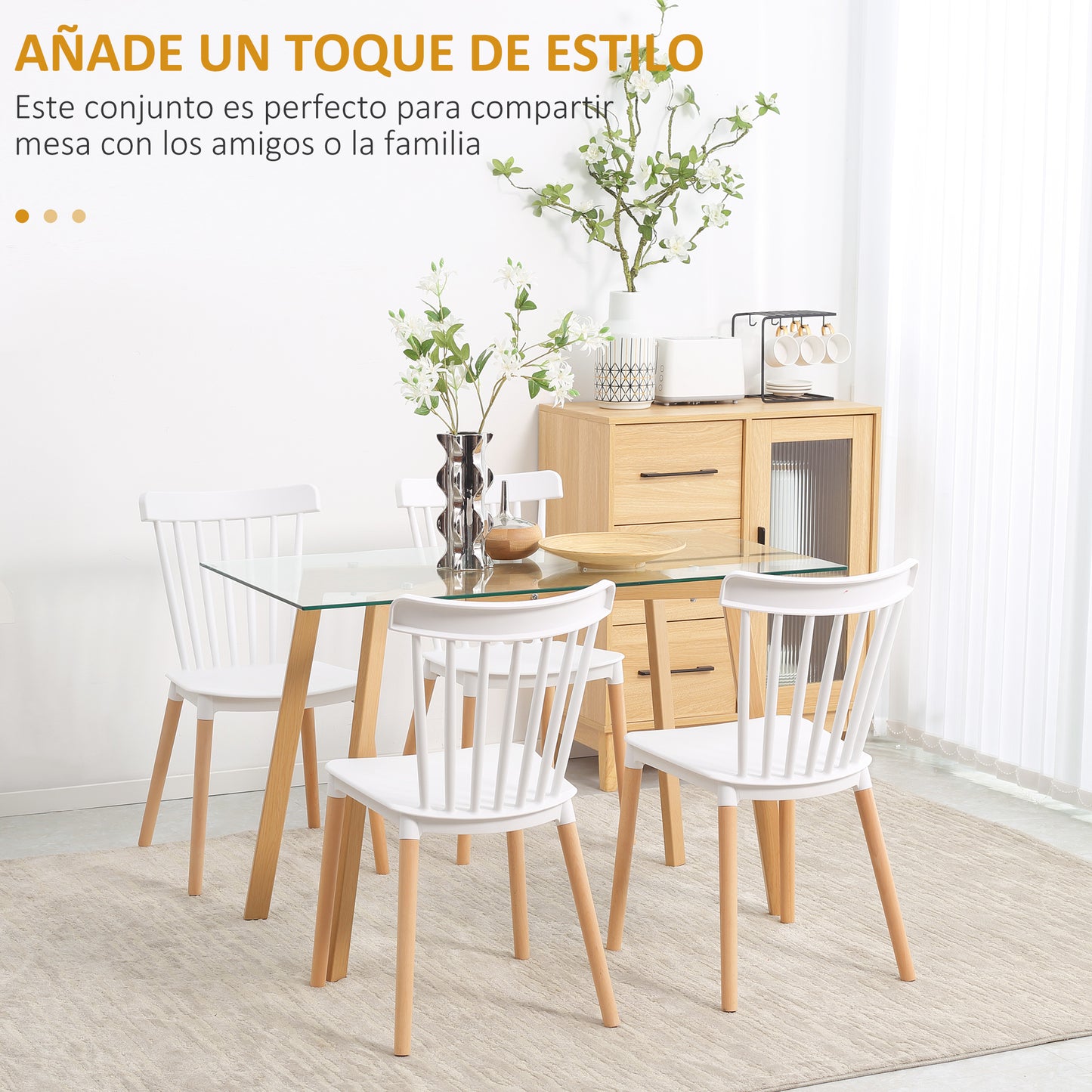 HOMCOM Juego de 4 Sillas de Comedor Estilo Nórdico Sillas de Cocina con Respaldo Alto Asiento de Polipropileno y Patas de Madera de Haya Carga 120 kg 48x52,5x83 cm Blanco