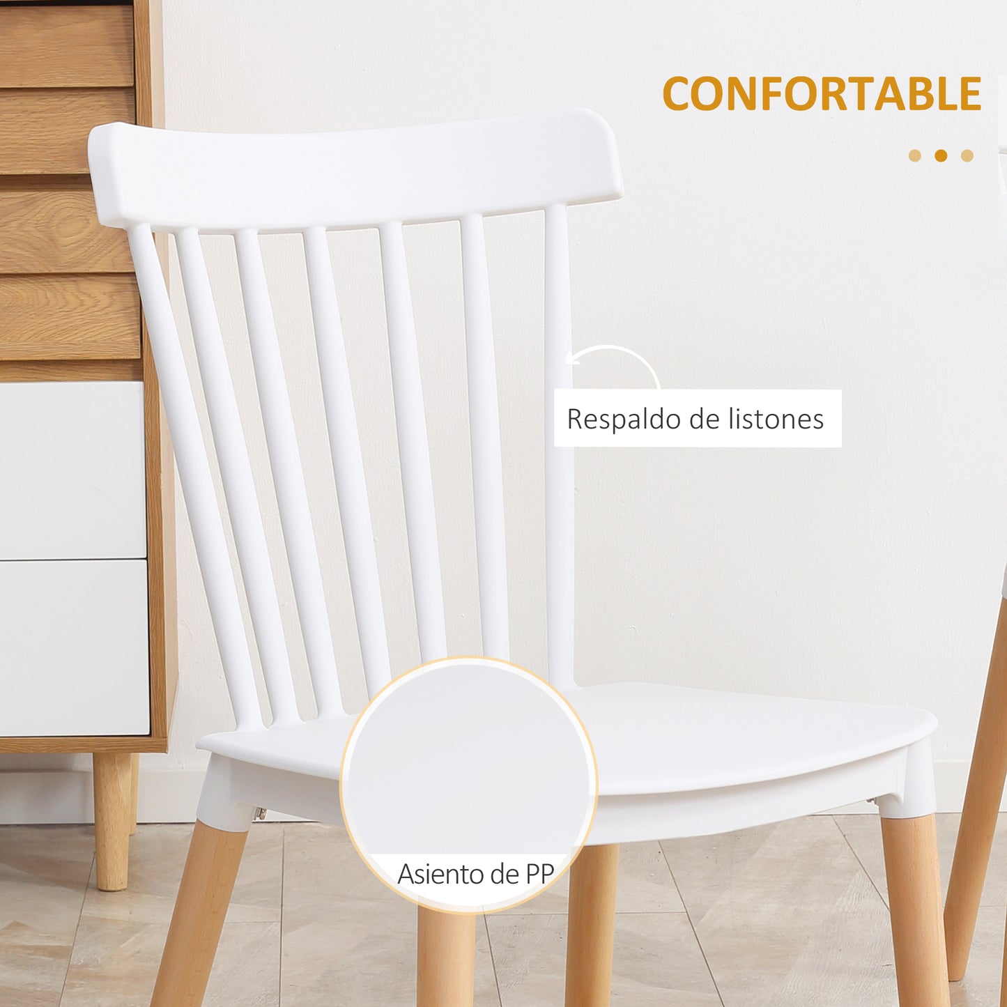 HOMCOM Juego de 4 Sillas de Comedor Estilo Nórdico Sillas de Cocina con Respaldo Alto Asiento de Polipropileno y Patas de Madera de Haya Carga 120 kg 48x52,5x83 cm Blanco