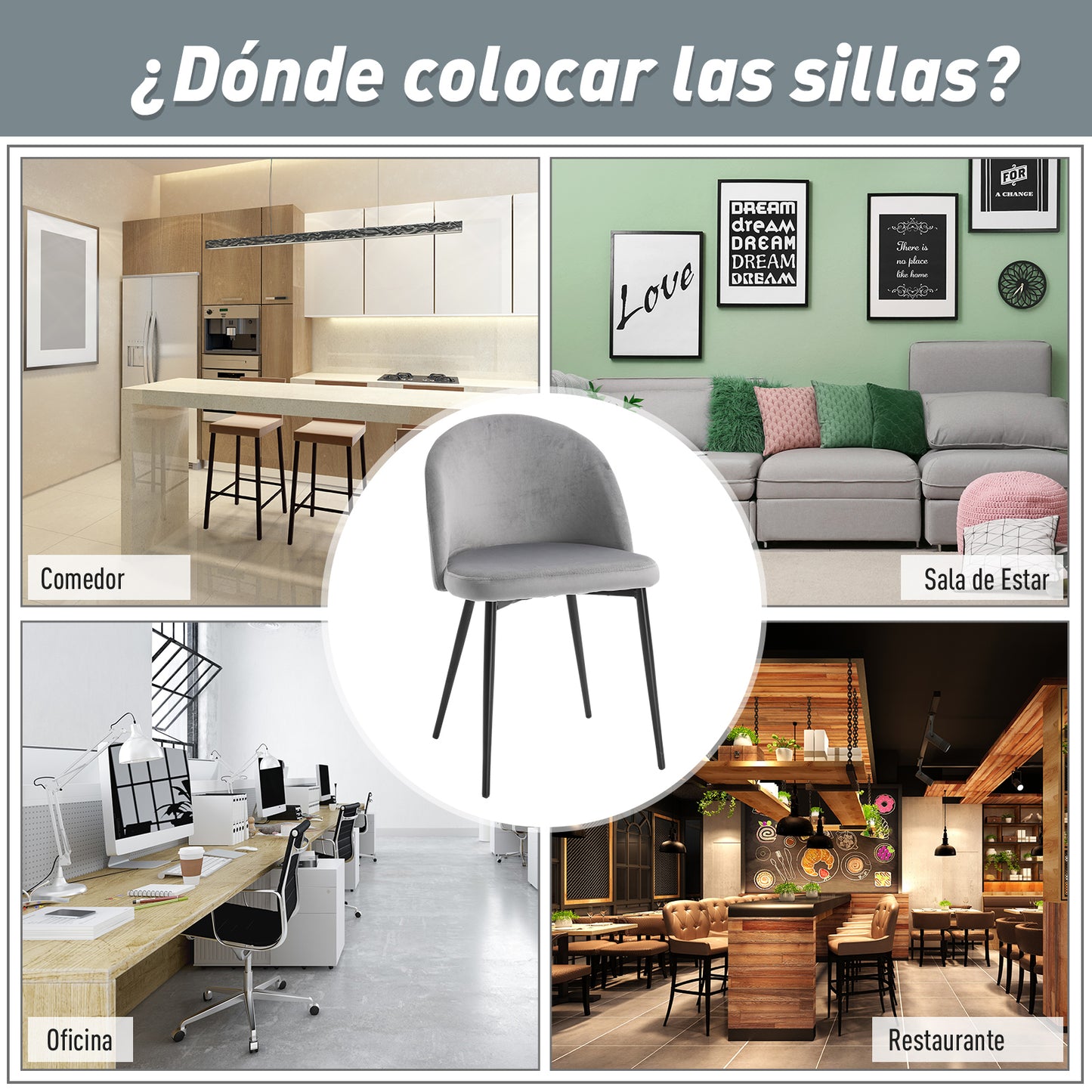 HOMCOM Pack de 2 Sillas de Comedor Tapizadas en Terciopelo Sillas de Cocina con Respaldo Acolchados Patas de Metal Carga 90 kg para Salón 49x50x77 cm Gris