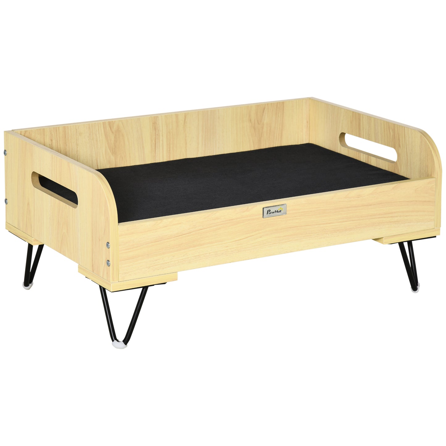 PawHut Cama de Madera para Perros Gatos Cama Cesta para Mascotas Pequeñas con Cojín Acolchado Asas y Patas de Acero 70x45x32 cm Roble y Negro