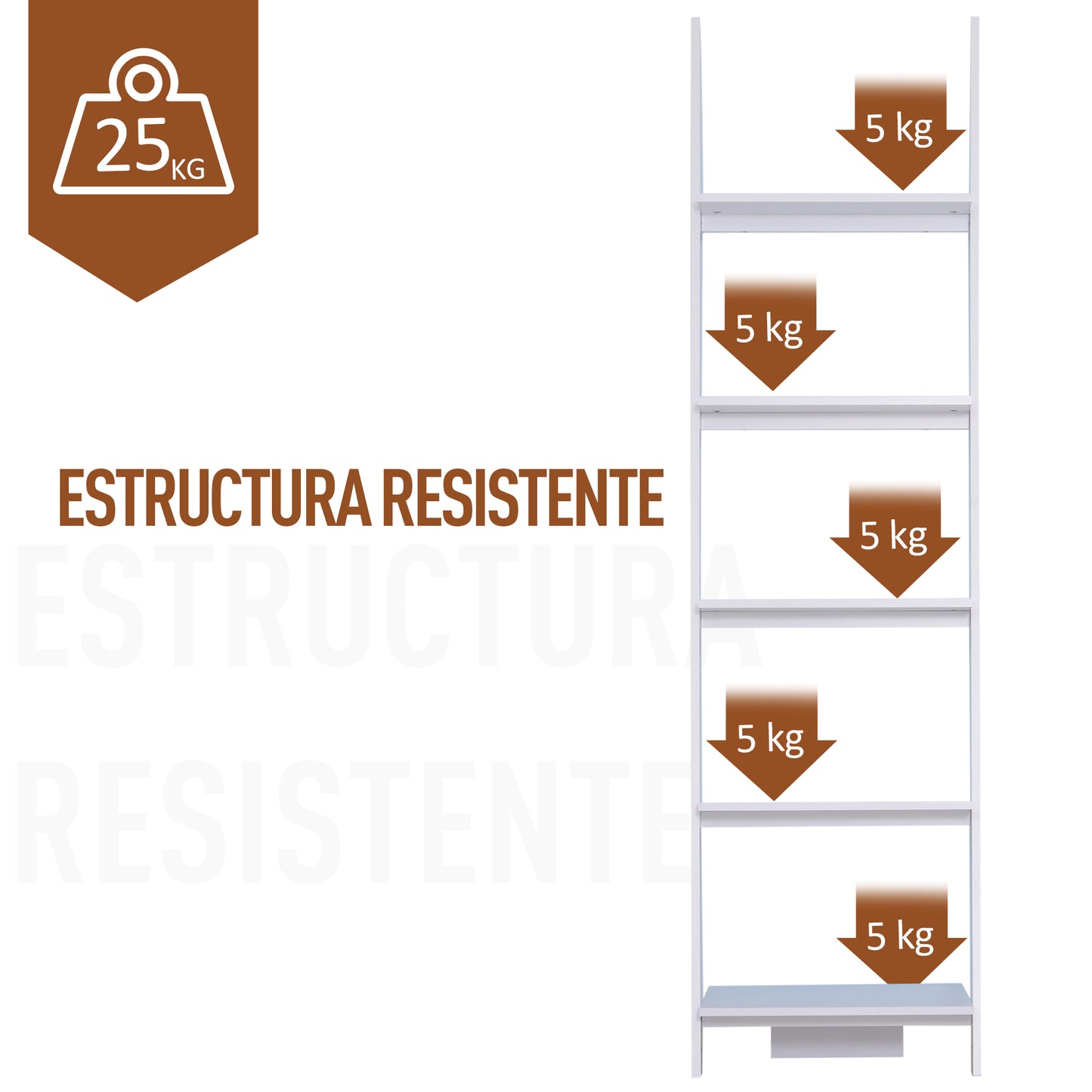 HOMCOM Estantería de Escalera Moderna Estantería para Libros Librería con 5 Estantes para Salón Oficina Estudio 50x40x195 cm Blanco