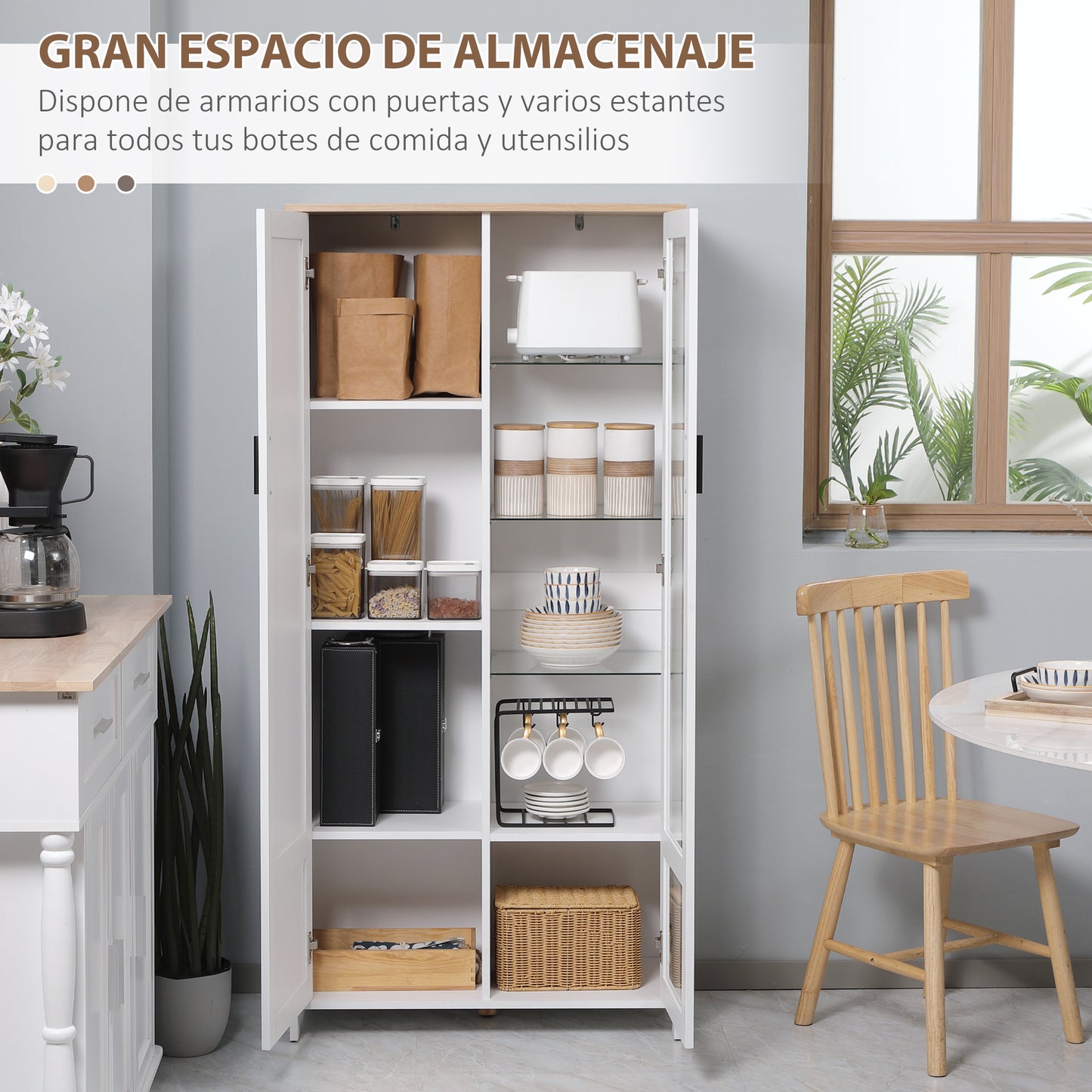 HOMCOM Alacena de Cocina Mueble Auxiliar de Cocina con Puerta de Vidrio Estantes Ajustables y Patas Elevadas para Salón Comedor 76x36x160 cm Blanco