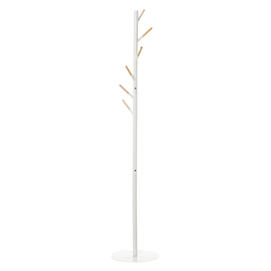 HOMCOM Perchero de Pie Perchero de Árbol con 6 Ganchos de Madera para Ropas Bolsas Bufandas y Marco de Metal para Salón Entrada Dormitorio 35x35x174 cm Blanco