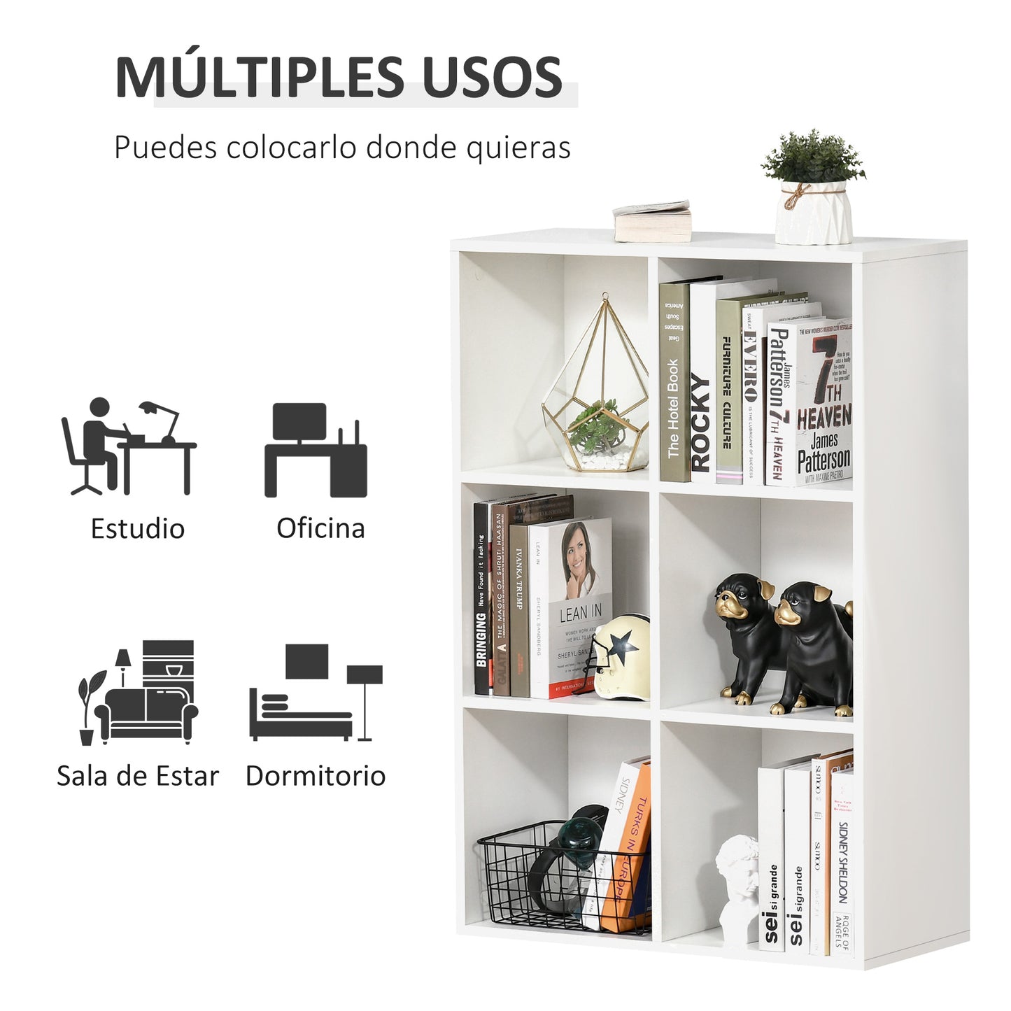 HOMCOM Estantería para Libros Estantes de Madera de 3 Niveles con 6 Cubos de Almacenaje para Sala de Estar Dormitorio Oficina 65,5x30x97,5 cm Blanco