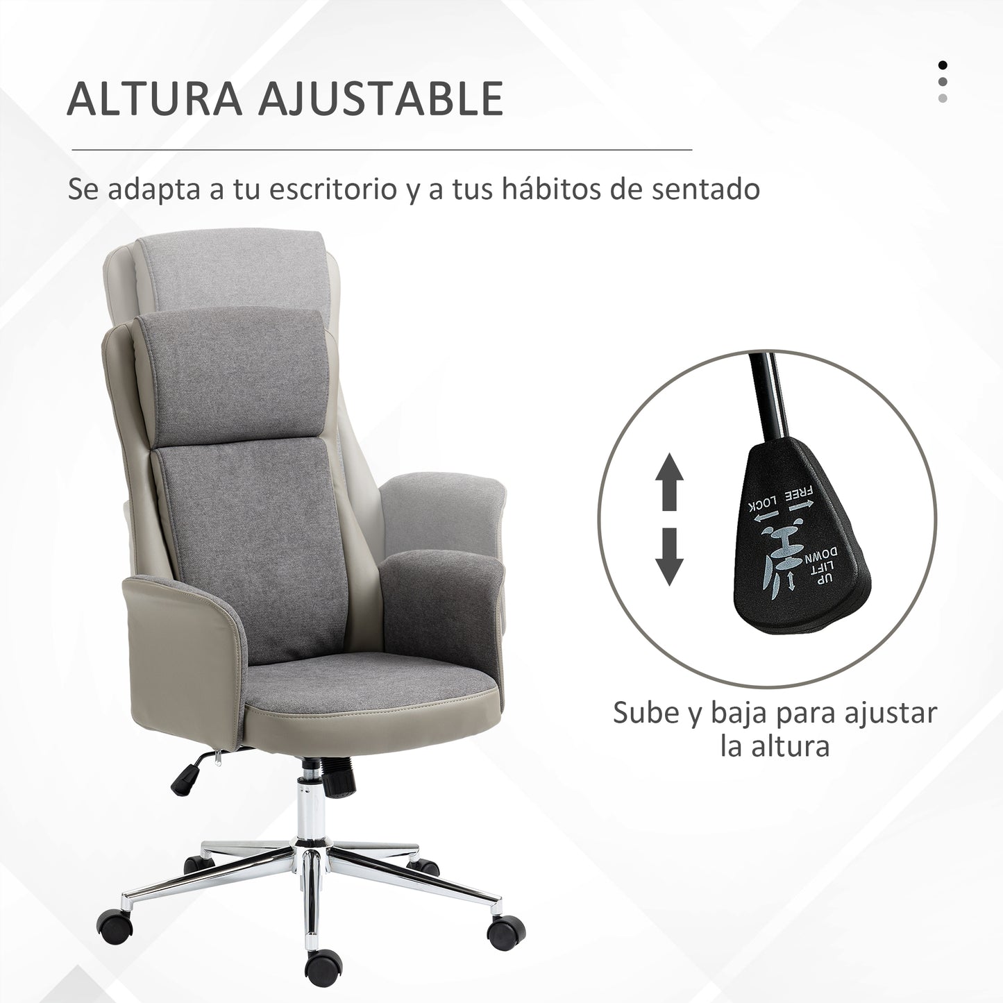 Vinsetto Silla de Oficina Busculante Silla de Oficina Giratoria con Respaldo Alto Silla de Estudio para Salón Dormitorio Estudio Carga 120 kg Tapizado en PU 65x72x108-118 cm Gris