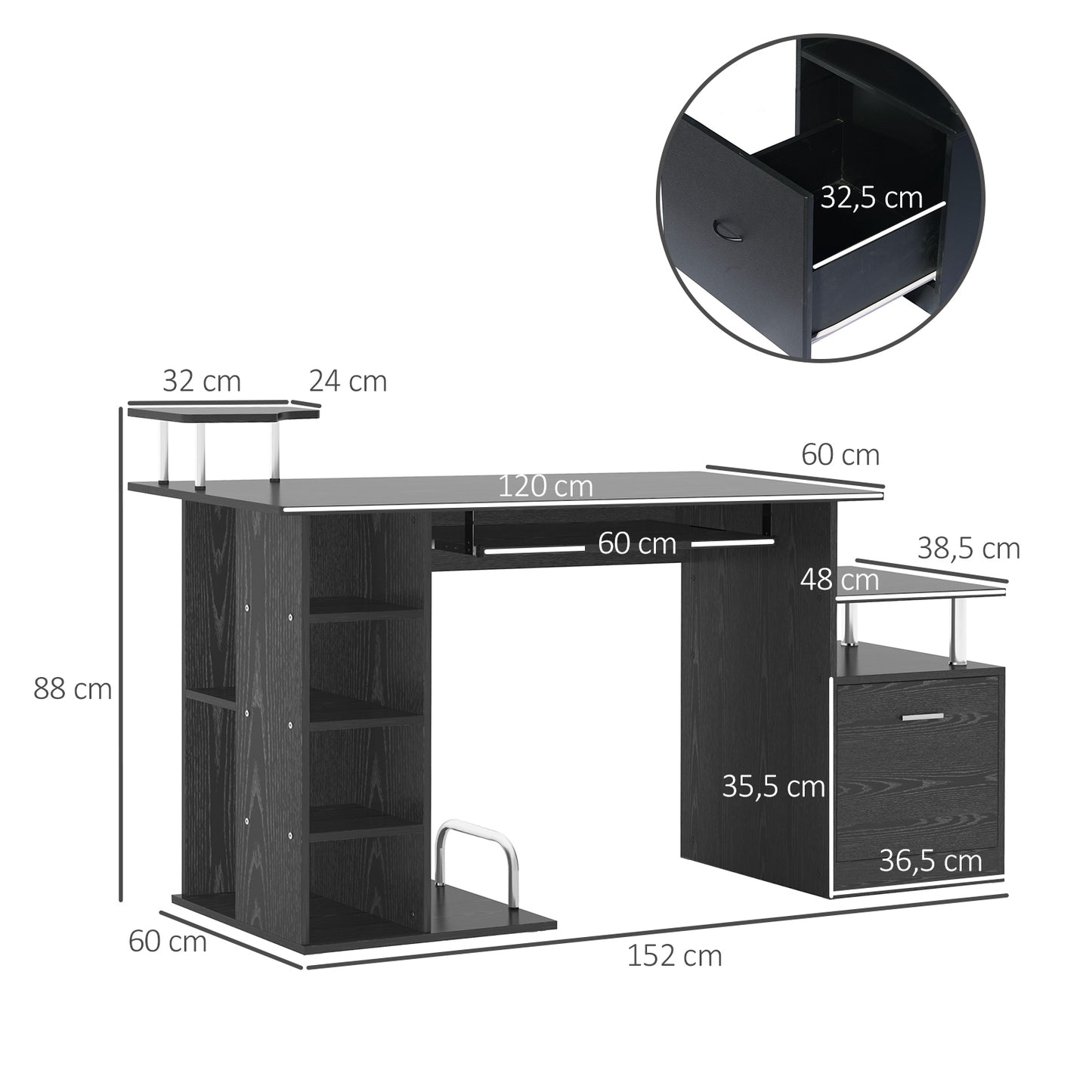 HOMCOM Mesa de Ordenador Mesa de Escritorio con 6 Estantes Cajón Bandeja de Teclado y Soportes para Monitor Impresora para Oficina Estudio 152x60x88 cm Negro