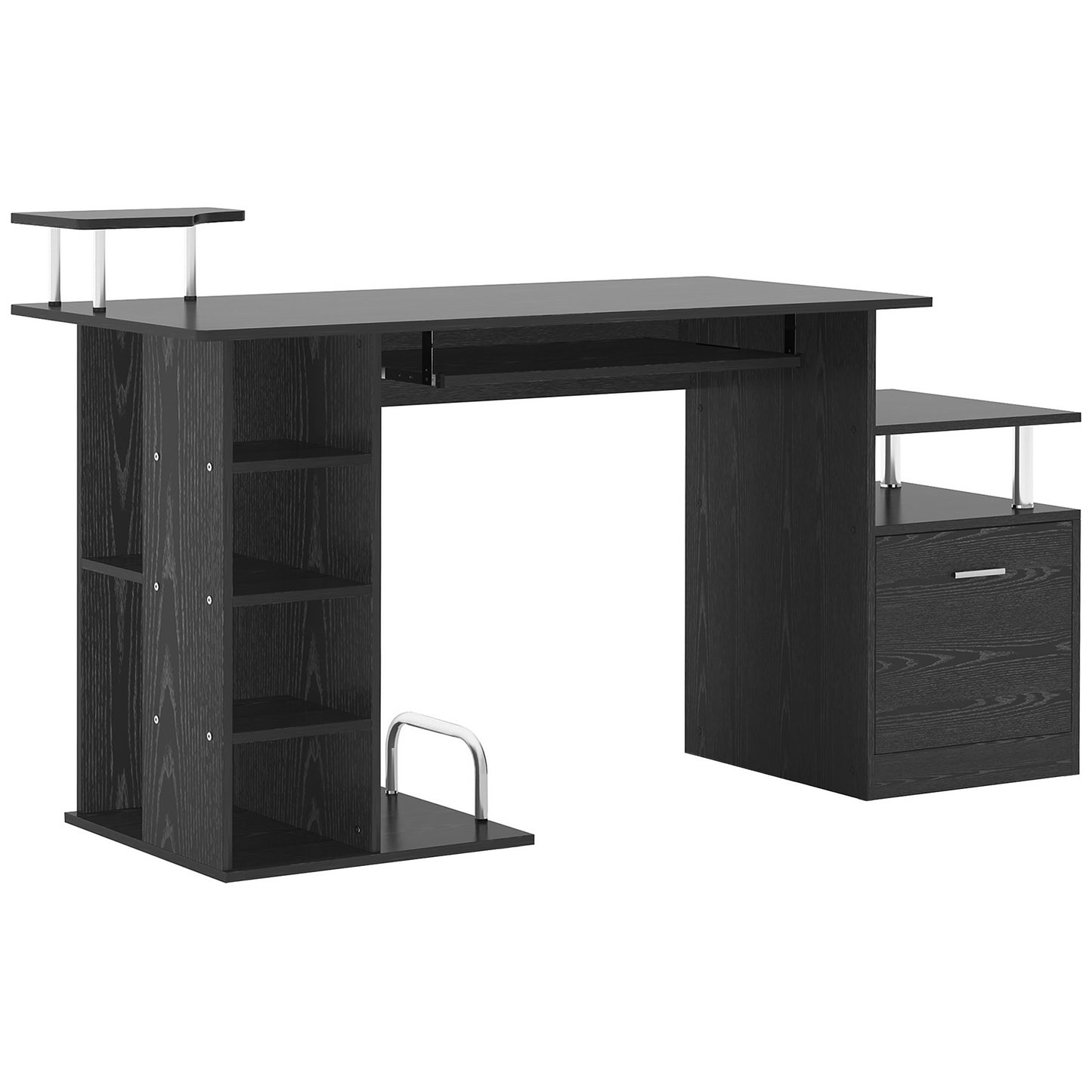 HOMCOM Mesa de Ordenador Mesa de Escritorio con 6 Estantes Cajón Bandeja de Teclado y Soportes para Monitor Impresora para Oficina Estudio 152x60x88 cm Negro