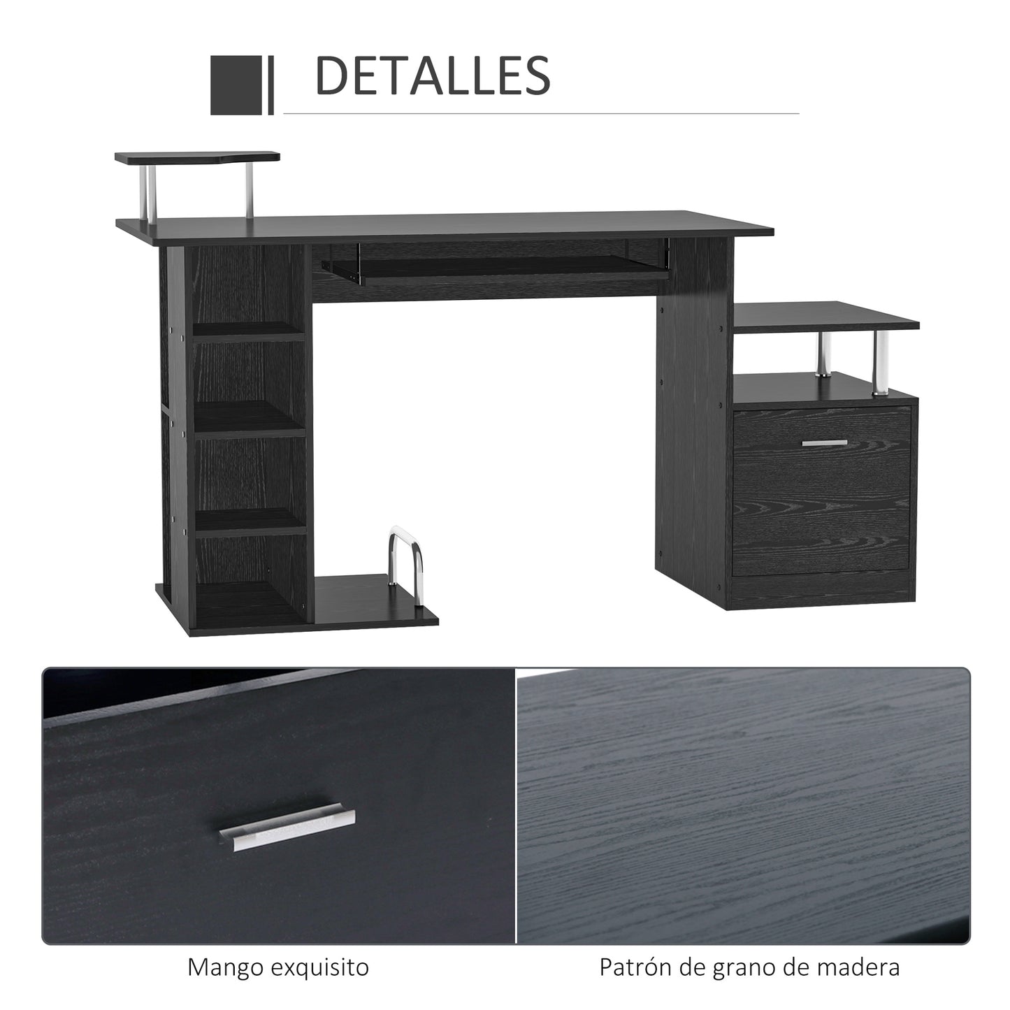 HOMCOM Mesa de Ordenador Mesa de Escritorio con 6 Estantes Cajón Bandeja de Teclado y Soportes para Monitor Impresora para Oficina Estudio 152x60x88 cm Negro