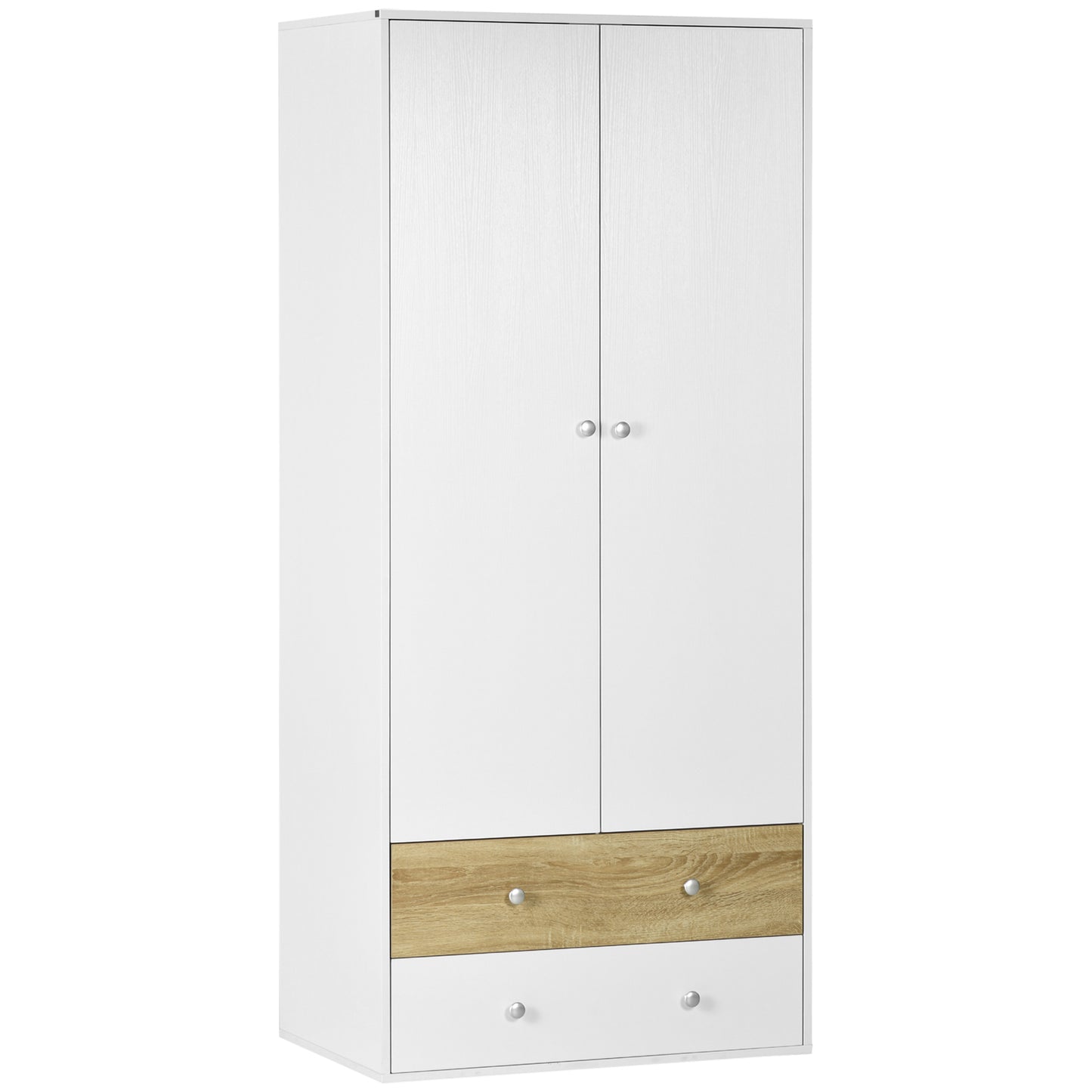 HOMCOM Armario Ropero de Madera Armario de Ropa con 2 Puertas 2 Cajones y 1 Barra para Colgar Estilo Moderno para Dormitorio 80x50x180 cm Blanco y Roble