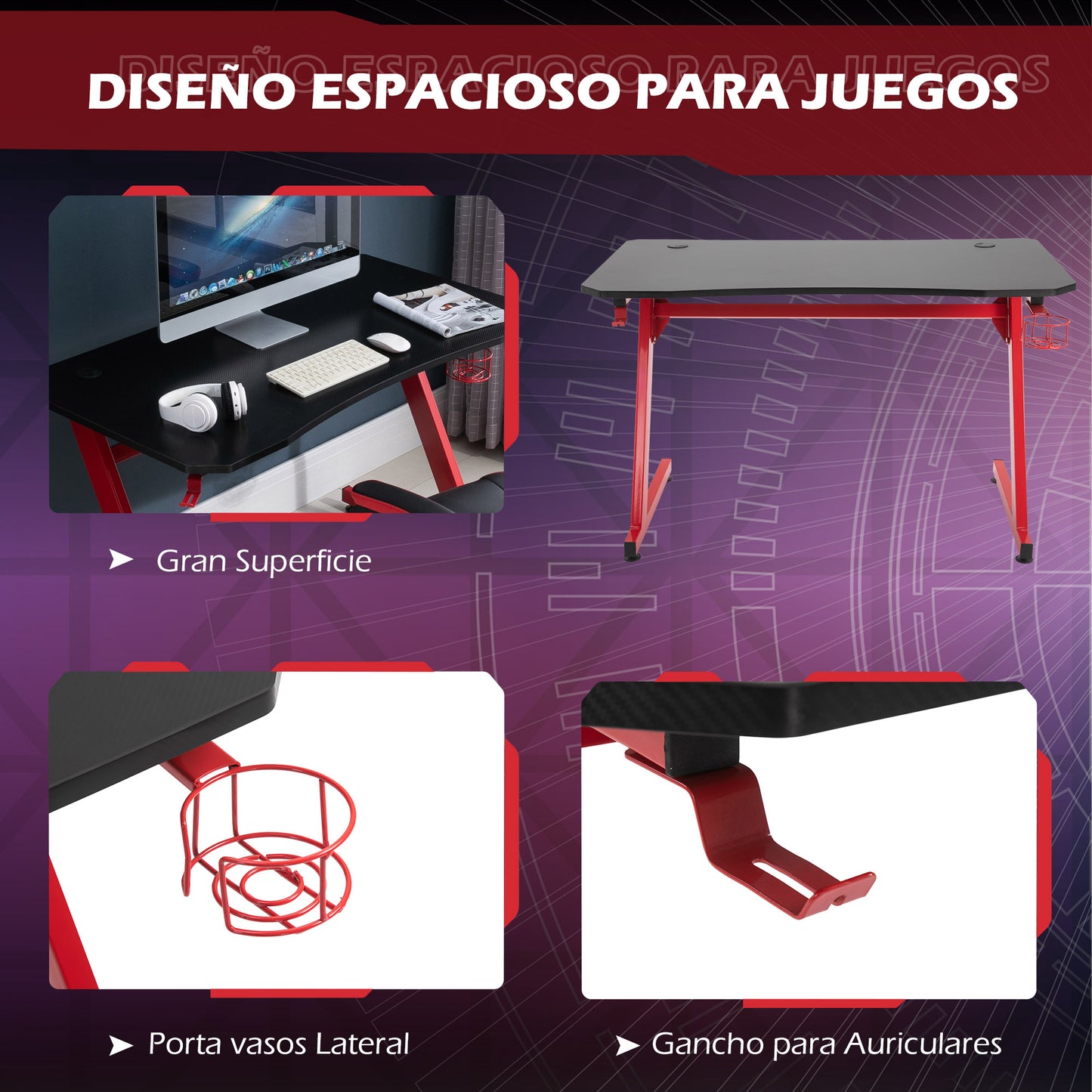 HOMCOM Mesa Gaming 120x65x74,5 cm Escritorio Ergonómico Gaming desk para Computadora PC con Portavasos Gancho para Auriculares y Pies Ajustables Efecto de Fibra de Carbono Rojo