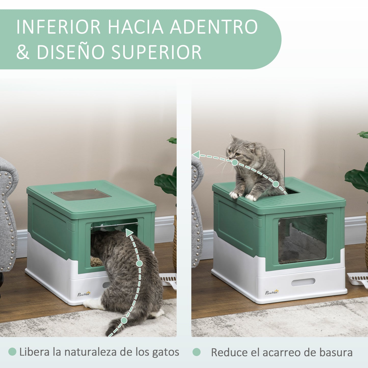 PawHut Caja de Arena Plegable para Gatos Arenero Cerrado para Gatos con Cubierta Desmontable Bandeja Extraíble Techo Abatible Puerta de Entrada y Pala 47,5x35,5x36,7 cm Verde