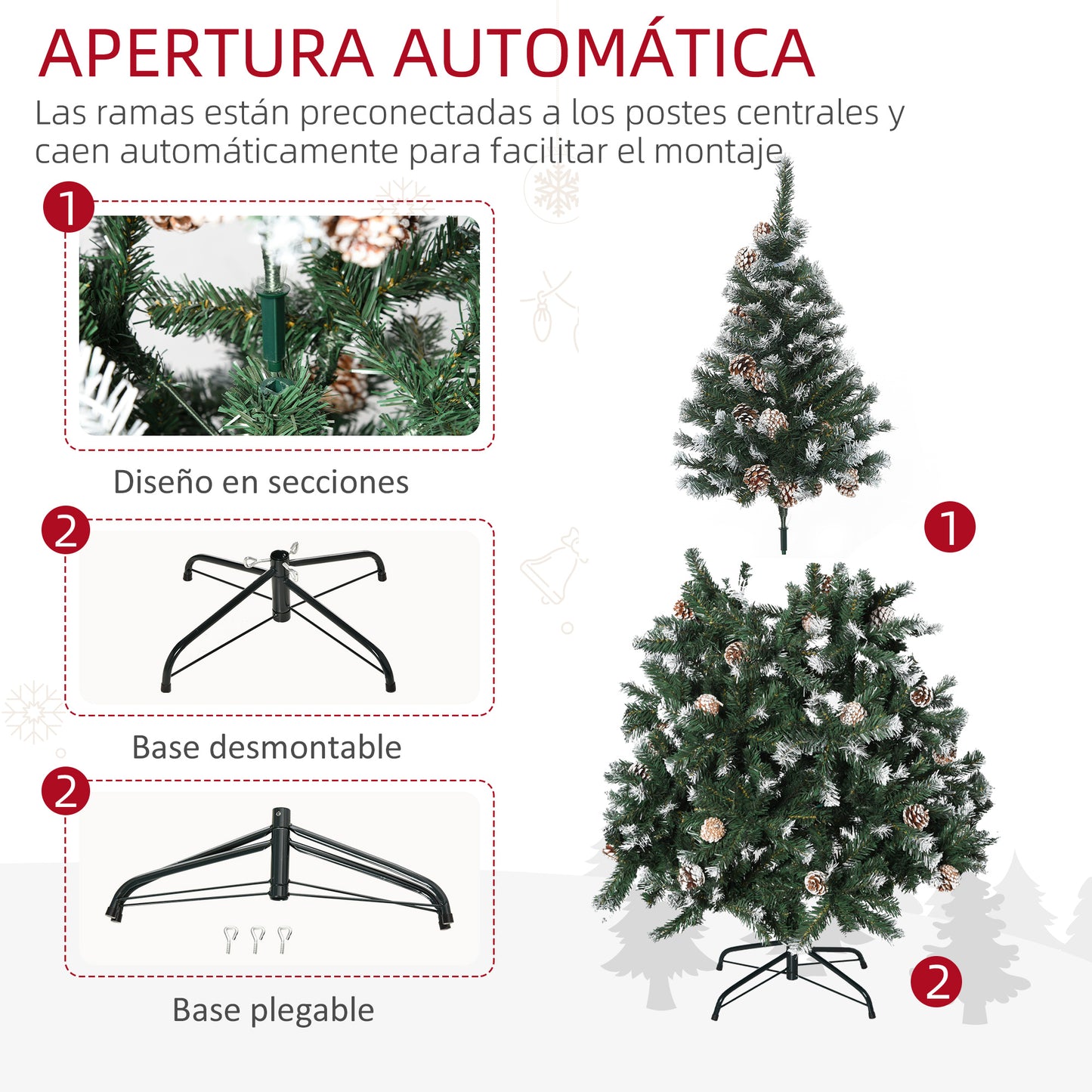 HOMCOM Árbol de Navidad Artificial 150 cm con Nieve Ignífugo con 676 Ramas 41 Piñas Hojas de PVC Apertura Automática Base Plegable y Soporte Metálico Decoración Navideña para Interiores Verde