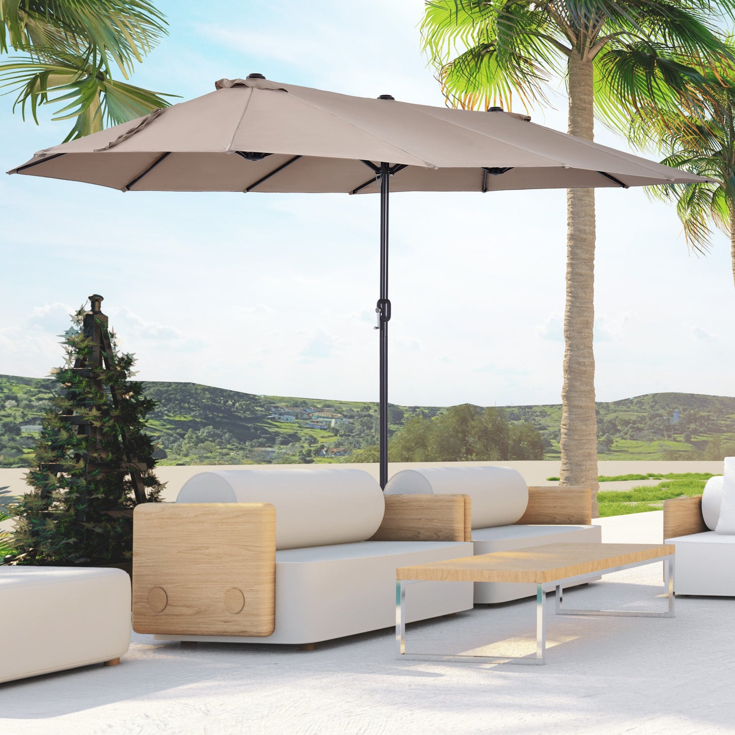 Outsunny Sombrilla de Terraza Exterior Parasol Grande 4,6x2,7m Sombrilla de Jardín con Manivela Manual Resistente al Agua y Protección Solar para Terraza Playa Piscina Café