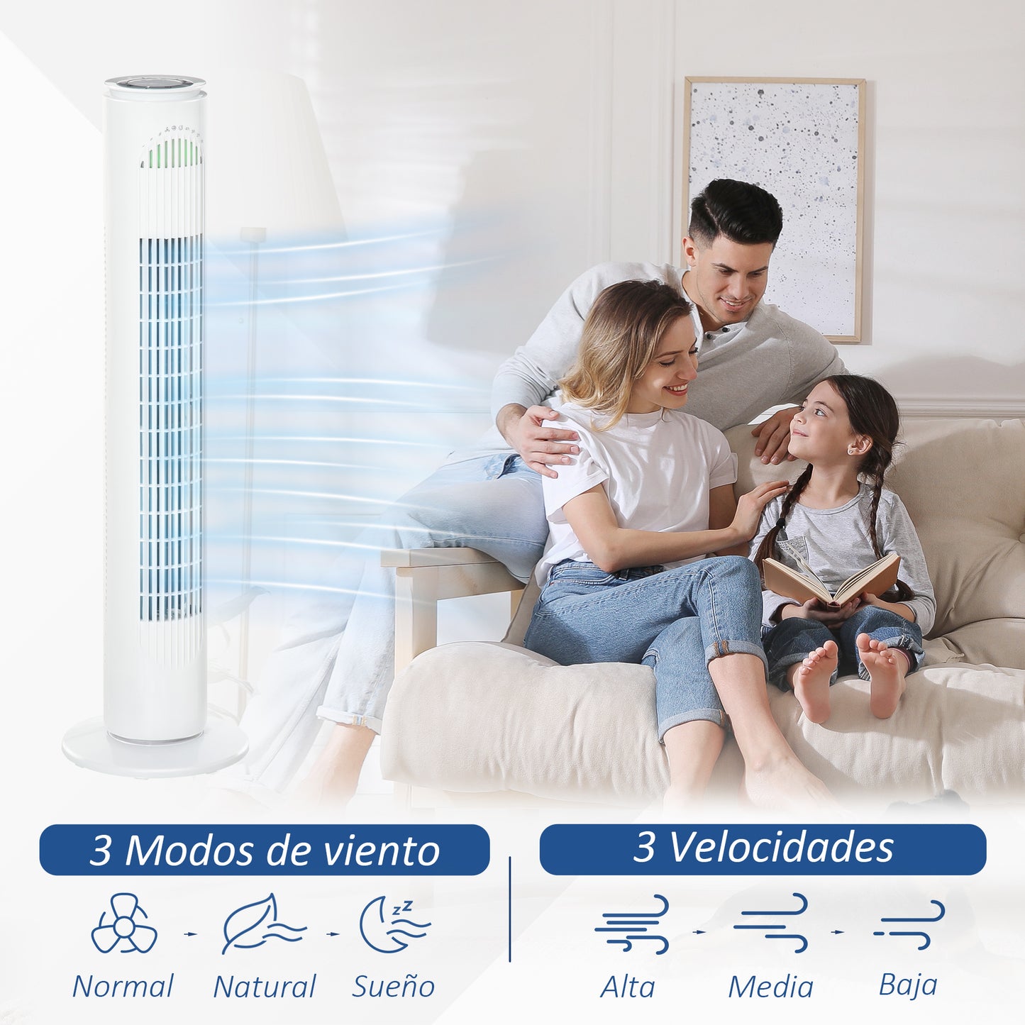 HOMCOM Ventilador de Torre Bajo Consumo con Mando a Distancia o Control Mecánico Temporizador de hasta 10h Oscilación de 70° 3 Velocidades y 3 Modos 45W Ø22x77 cm Blanco