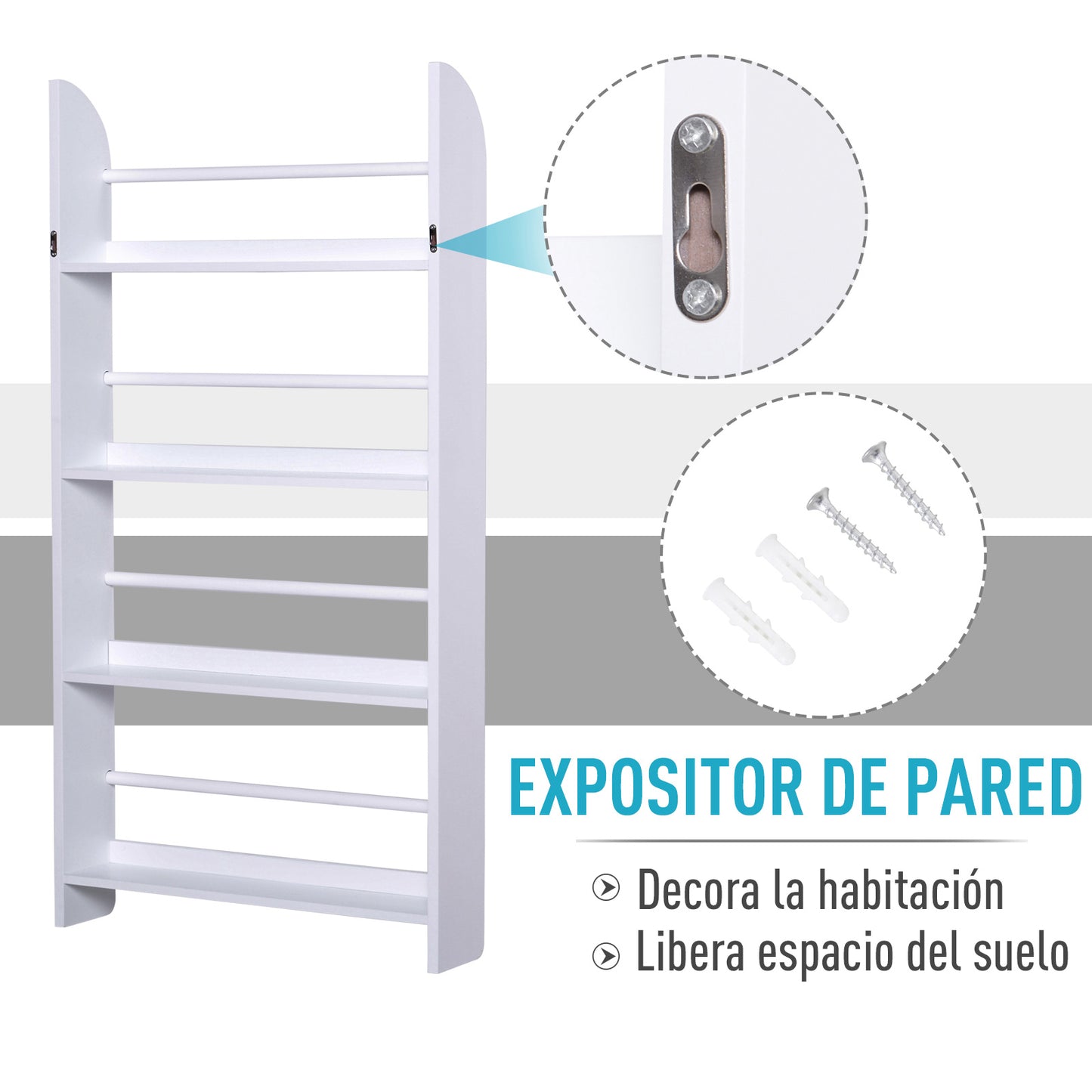 HOMCOM Estantería de Pared de Libros con 4 Estantes Librería Infantil para Hogar Oficina Carga 30kg 59x12x113cm Blanco