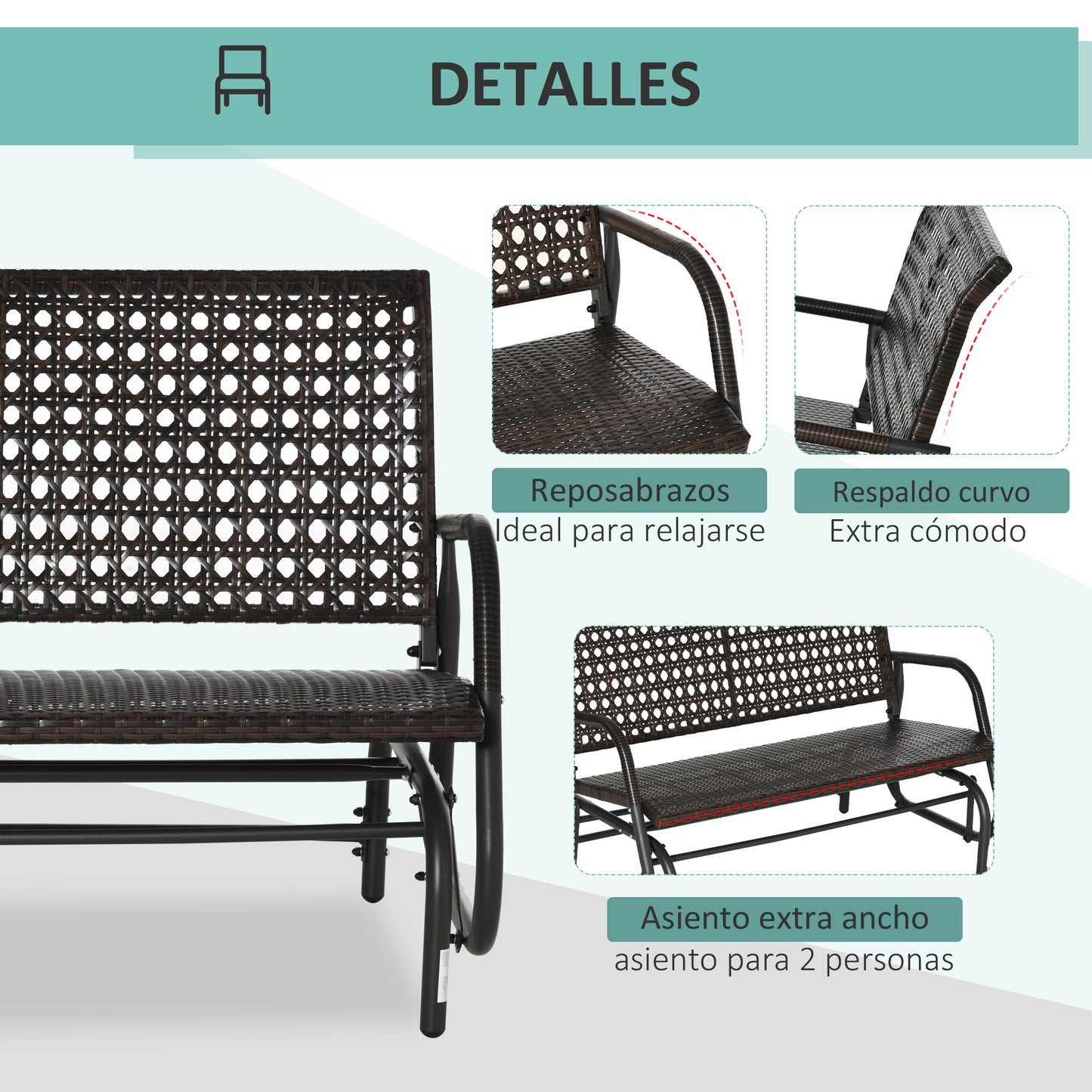 Outsunny Mecedora de Ratán de 2 Plazas Banco Balancín de Jardín con Balanceo Ergonómico y Marco de Metal para Terraza Balcón Exterior Patio Hotel Carga 220 kg 120x70x84 cm Marrón