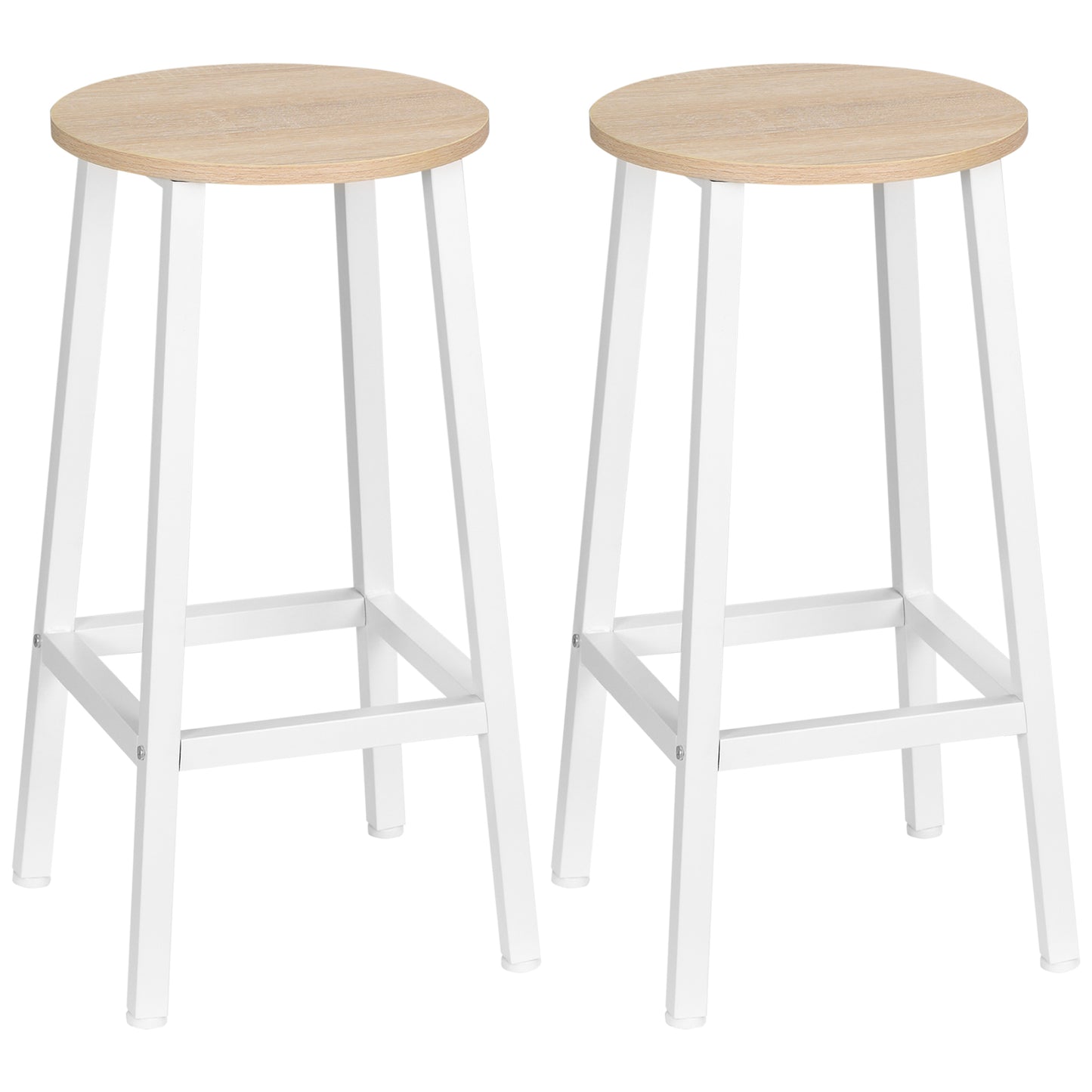 HOMCOM Juego de 2 Taburetes Altos de Cocina Altura 65 cm Taburetes de Bar Sillas de Bar con Patas de Acero y Reposapiés para Salón Comedor Bar Carga 75 kg Madera Natural y Blanco