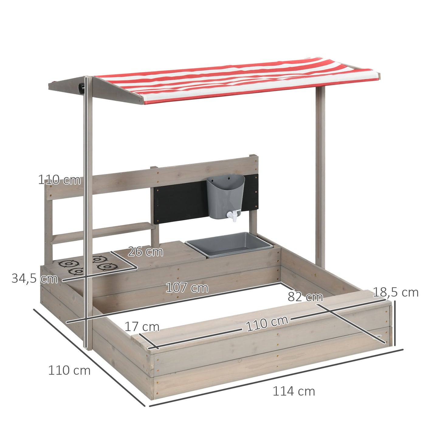 Outsunny Arenero de Madera para Niños con Techo Regulable Arenero Infantil con Juguetes de Cocina Pizarra y Banco Juego para Niños de 3-7 Años para Patio Jardín 114x110x110 cm Gris