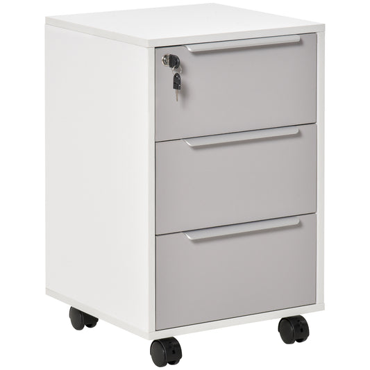 HOMCOM Cajonera de Oficina Mueble Archivador con Ruedas 3 Cajones Cerradura y 2 Llaves para Estudio Salón 40x40x63,5 cm Blanco y Gris