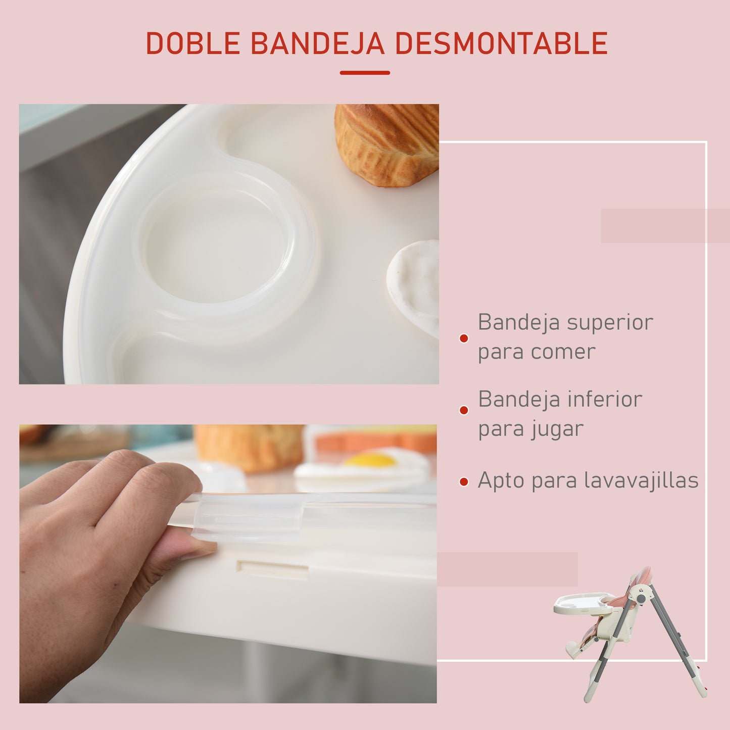 HOMCOM Trona para Bebé Evolutiva Ajustable y Plegable con Doble Bandeja Trona Portátil de +6 Meses Reclinable con 2 Ruedas y Frenos 55x80x104 cm Rosa