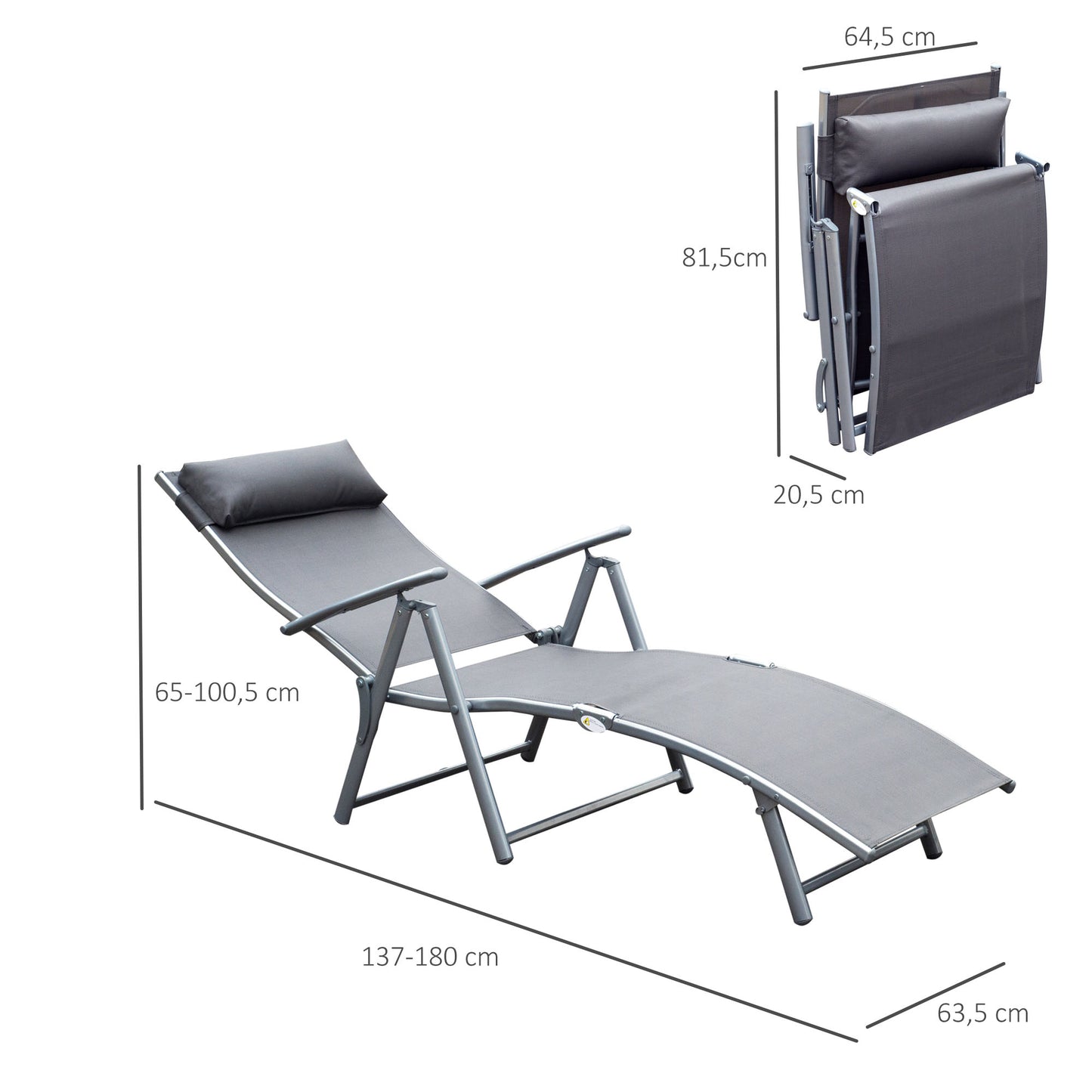 Outsunny Tumbona Plegable Tumbona de Jardín con Respaldo Ajustable en 7 Niveles Almohada y Reposabrazos Carga 165 kg para Piscina Terraza Camping 137x63,5x100,5 cm Gris