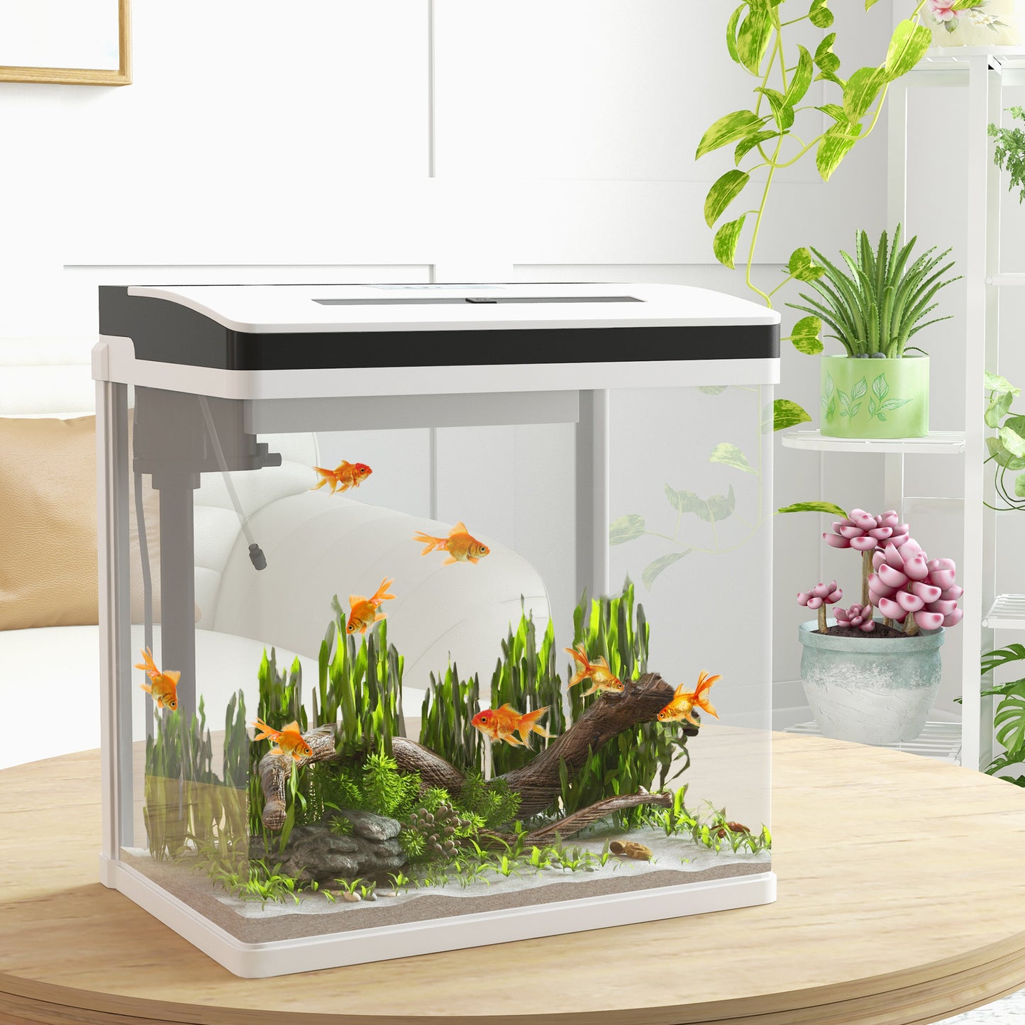 PawHut Acuario de Cristal de 28L Pecera Pequeña con Sistema de Filtro Iluminación LED Bomba de Agua 38x26x39,5 cm Blanco