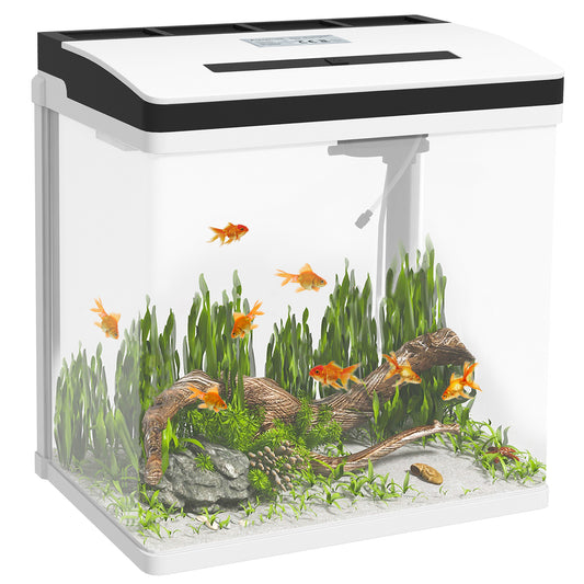 PawHut Acuario de Cristal de 28L Pecera Pequeña con Sistema de Filtro Iluminación LED Bomba de Agua 38x26x39,5 cm Blanco