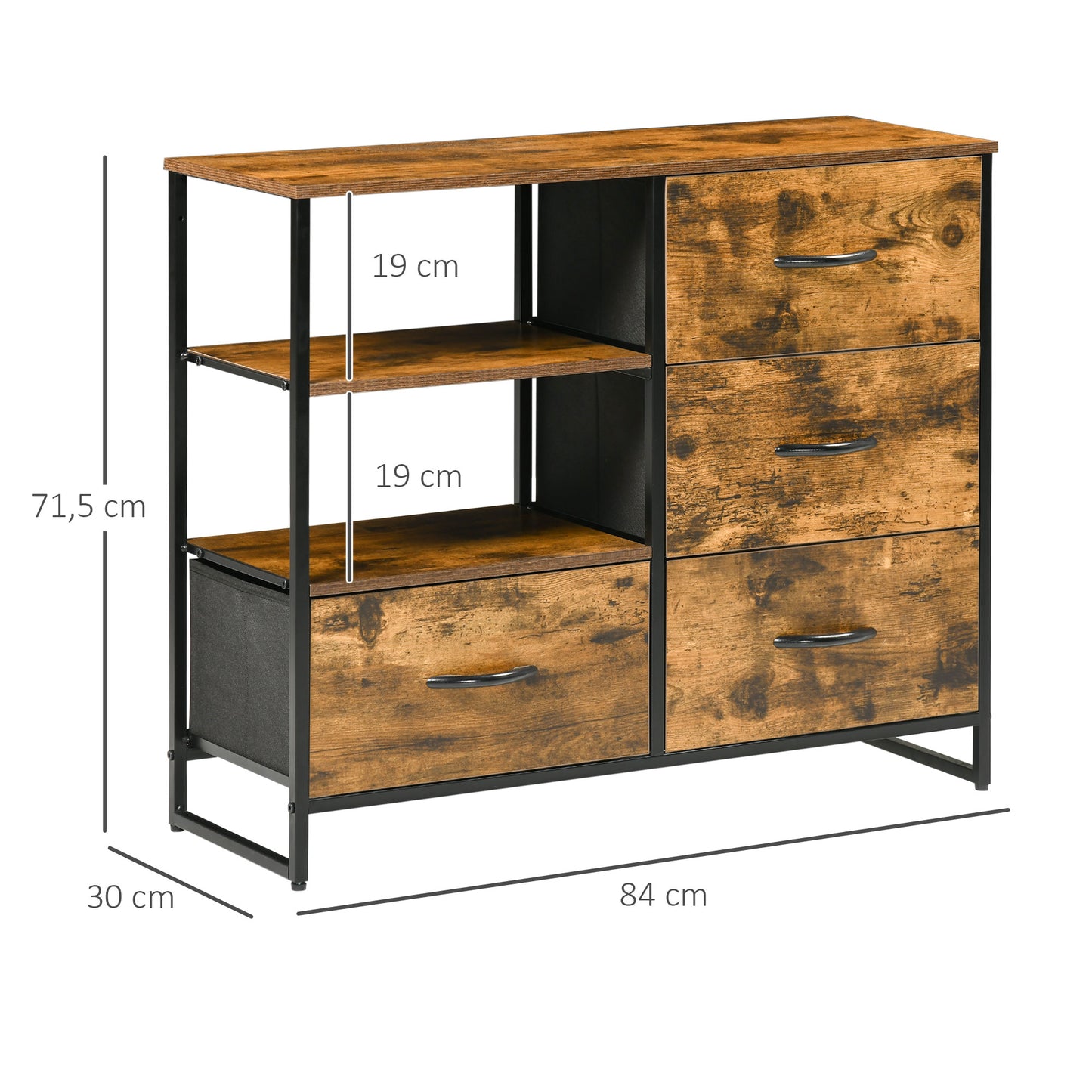 HOMCOM Cómoda Cajonera Cómoda de Madera con 4 Cajones de Tela Plegable y Estante Abierto para Salón Oficina Dormitorio Estilo Industrial Antivuelco 84x30x71,5 cm Marrón Rústico