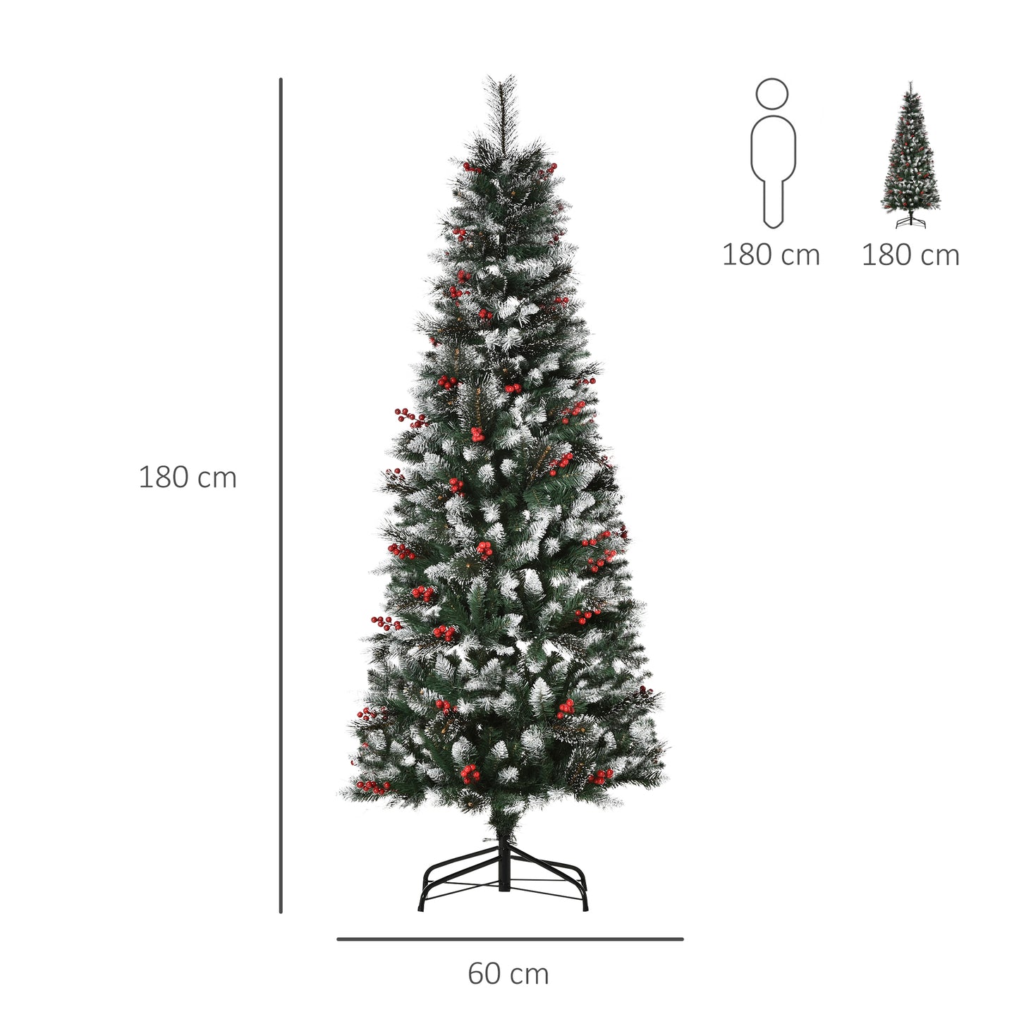 HOMCOM Árbol de Navidad Artificial con Nieve 180 cm Ignífugo con 539 Ramas 51 Bayas Hojas de PVC Base Plegable y Soporte Metálico Decoración Navideña para Interiores Verde