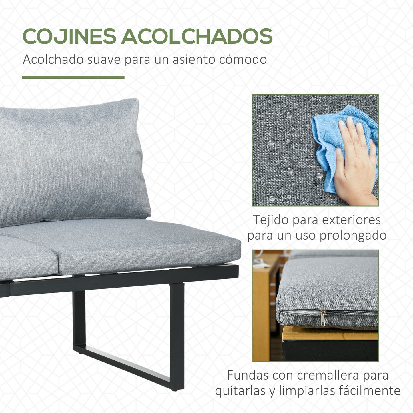 Outsunny Conjunto de Muebles de Jardín de Aluminio 3 Piezas Juego de Conversación Incluye 2 Sofás Esquineros con Cojines Mesa de Plástico Madera Gris