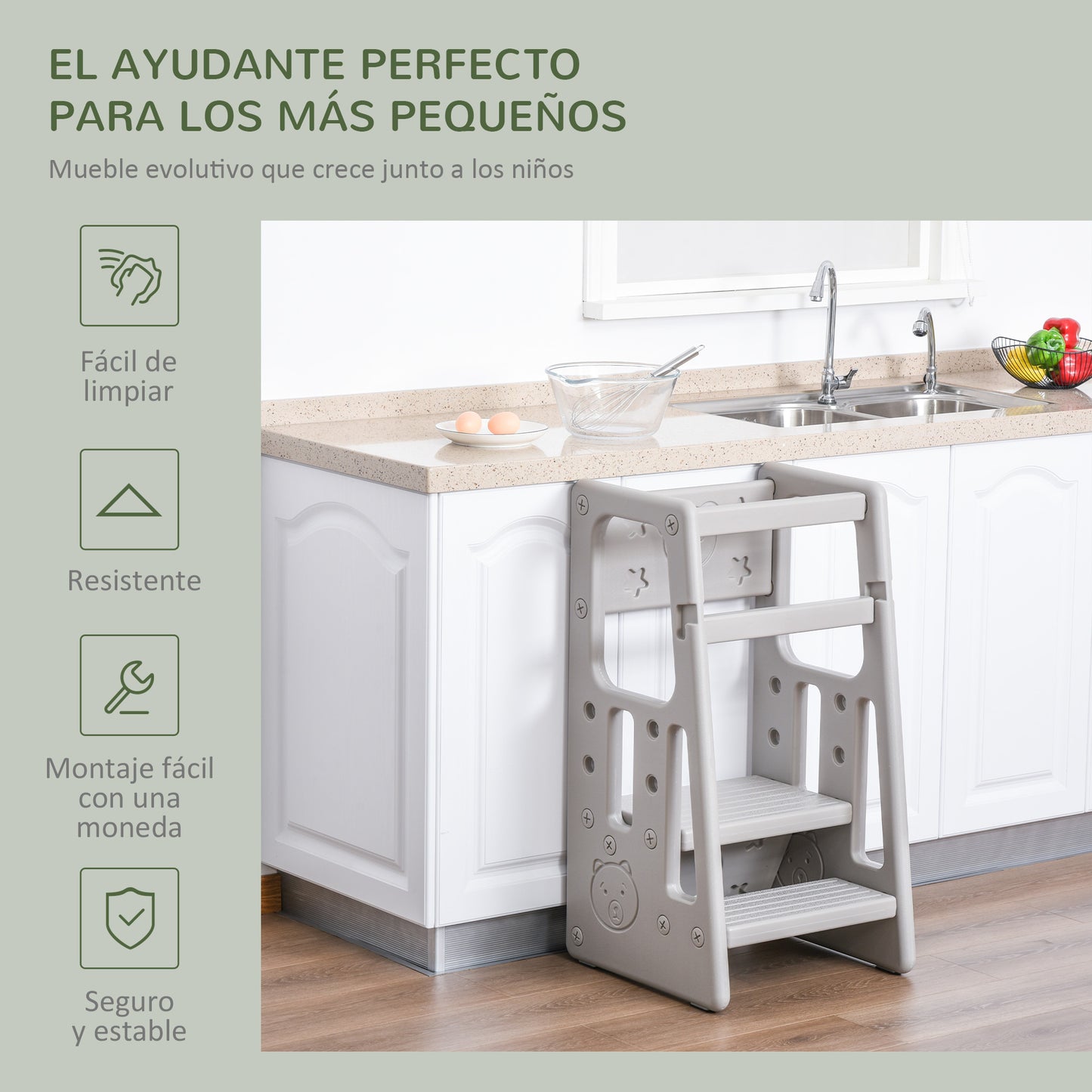 HOMCOM Torre de Aprendizaje para Niños Taburete Infantil con Altura Ajustable en 3 Posiciones y Plataforma Antideslizante para Cocina Comedor Baño 47x47x90 cm Gris