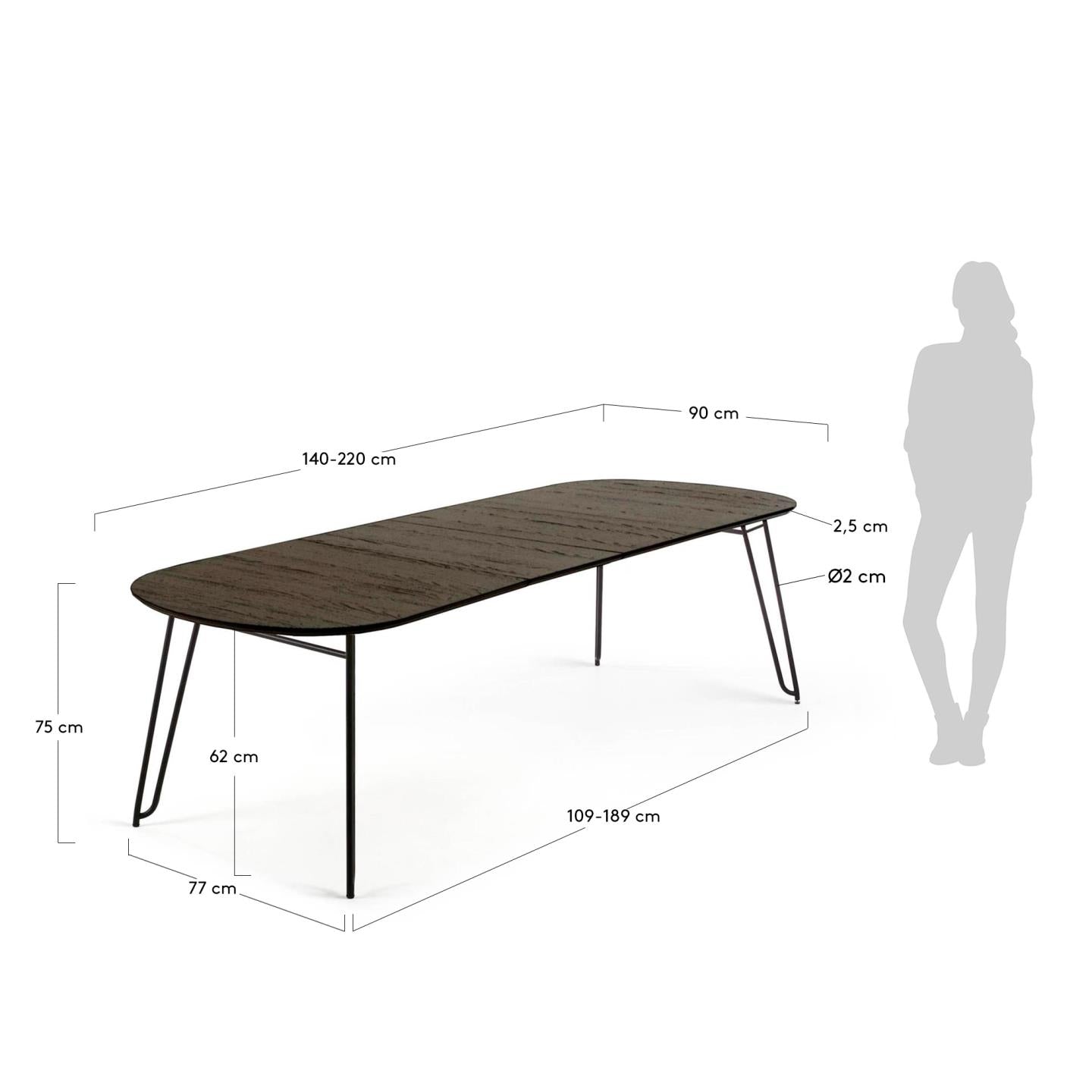 Mesa extensible Milian 140 (220) x 90 cm chapa de fresno patas de acero acabado negro