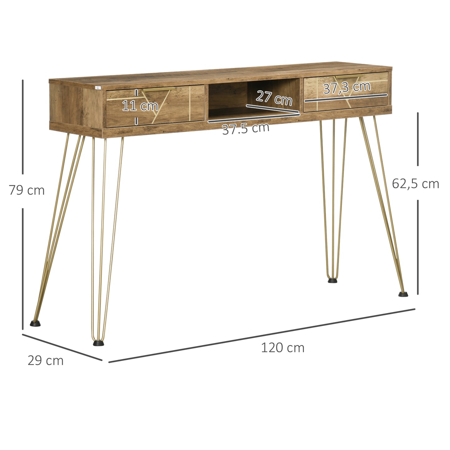 HOMCOM Mesa Consola Mueble Recibidor de Entrada con 2 Cajones Estante Abierto y Patas de Acero para Salón Pasillo Estilo Moderno 120x29x79 cm Bronce