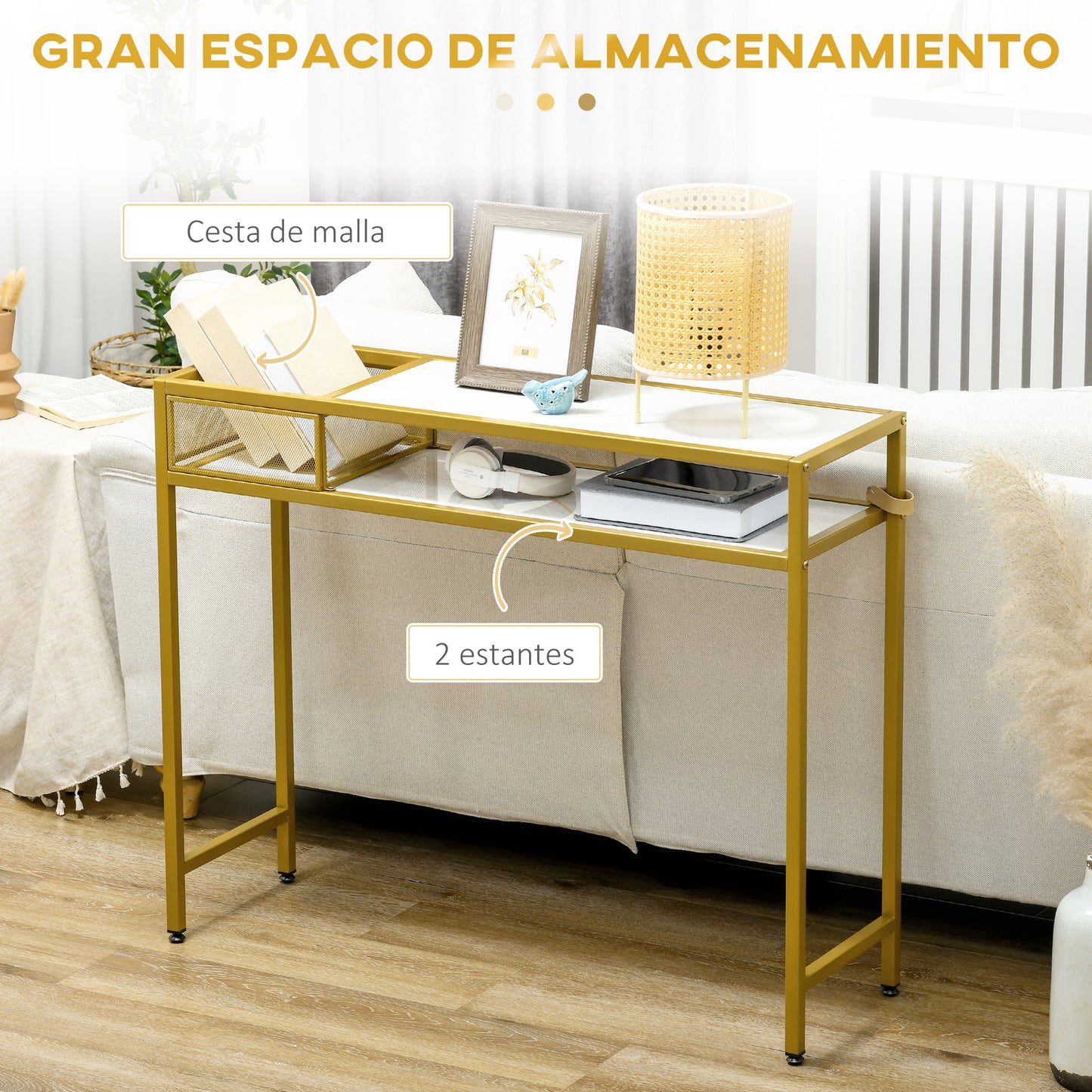 HOMCOM Mesa Consola Mesa de Entrada con Estante Cesta de Almacenamiento y Marco de Acero Mueble Recibidor para Salón Pasillo Carga 50 kg 100x30x80 cm Oro y Blanco