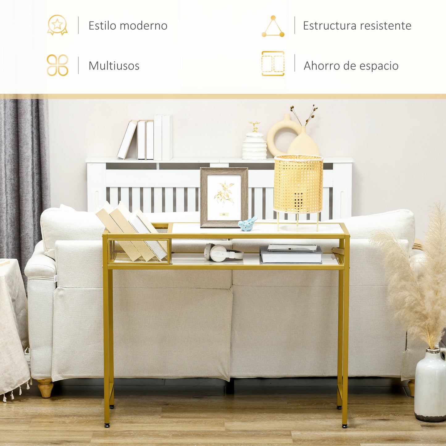 HOMCOM Mesa Consola Mesa de Entrada con Estante Cesta de Almacenamiento y Marco de Acero Mueble Recibidor para Salón Pasillo Carga 50 kg 100x30x80 cm Oro y Blanco