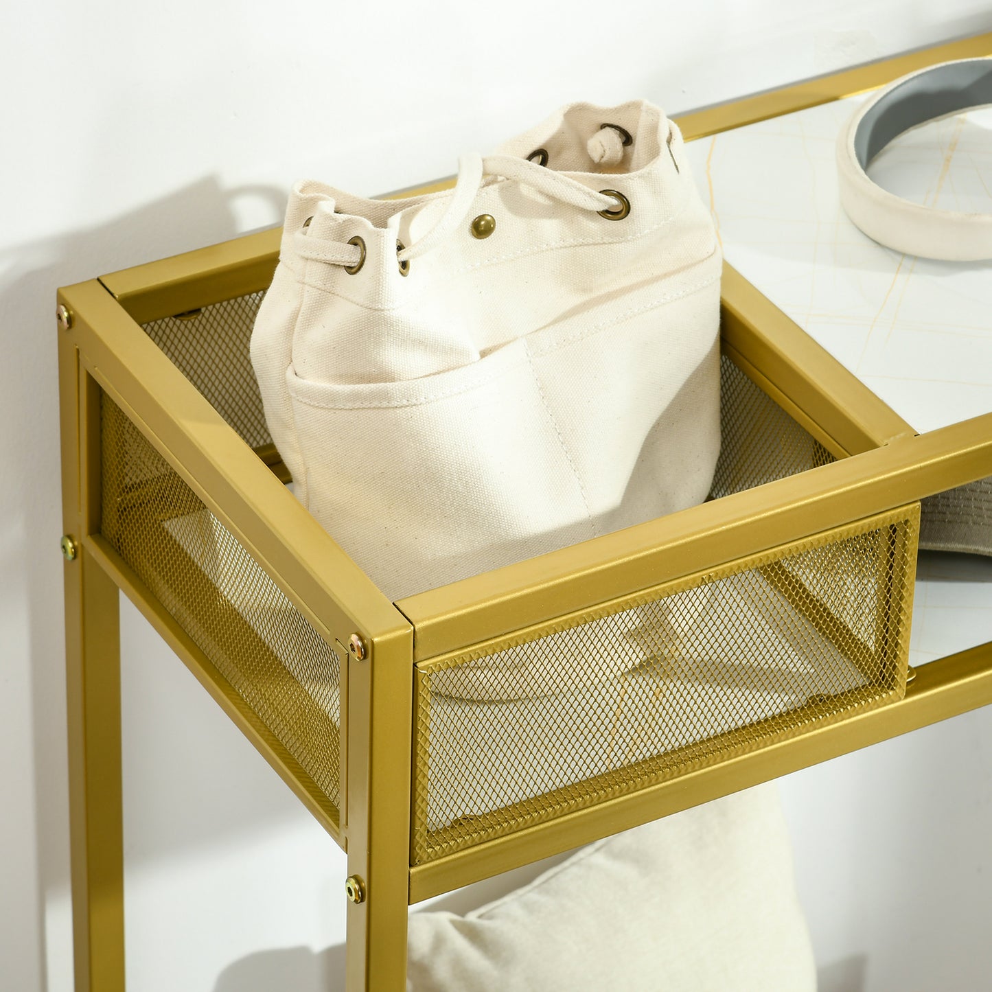 HOMCOM Mesa Consola Mesa de Entrada con Estante Cesta de Almacenamiento y Marco de Acero Mueble Recibidor para Salón Pasillo Carga 50 kg 100x30x80 cm Oro y Blanco