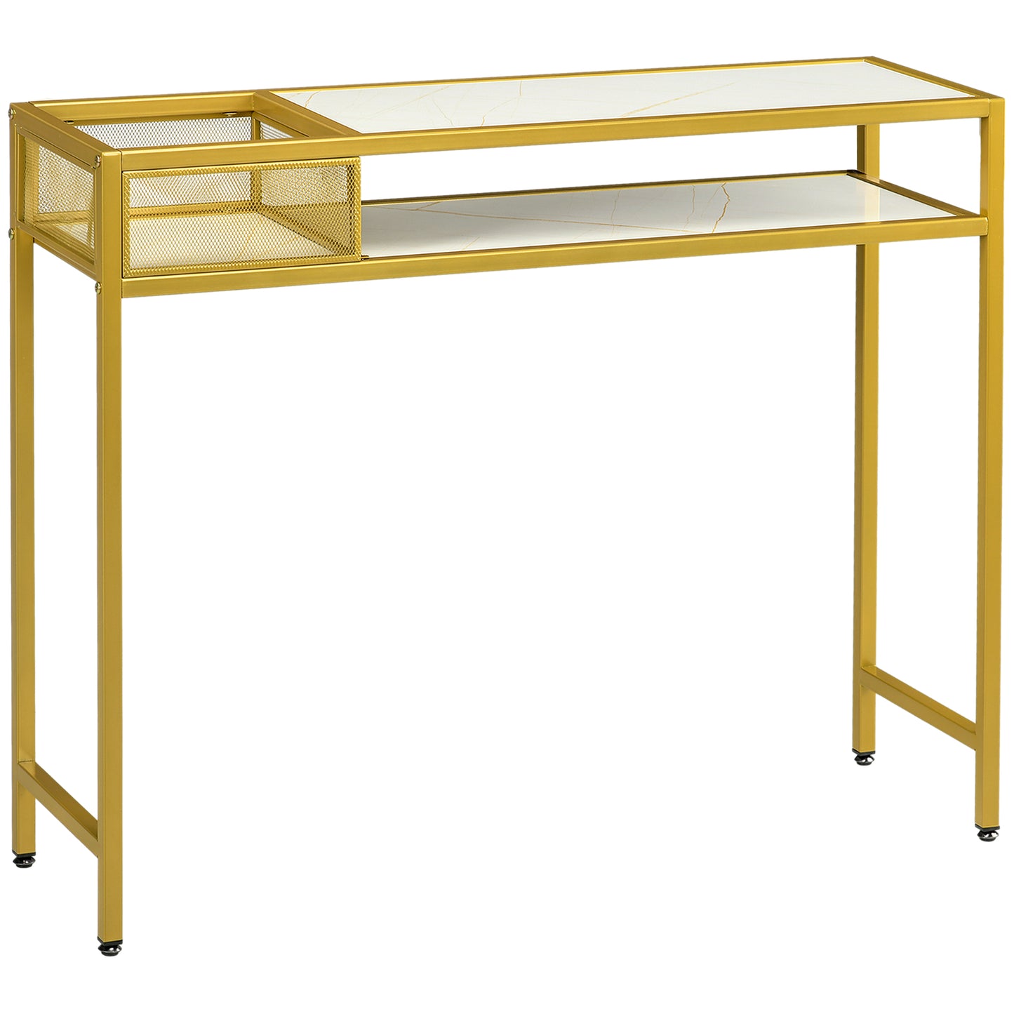 HOMCOM Mesa Consola Mesa de Entrada con Estante Cesta de Almacenamiento y Marco de Acero Mueble Recibidor para Salón Pasillo Carga 50 kg 100x30x80 cm Oro y Blanco