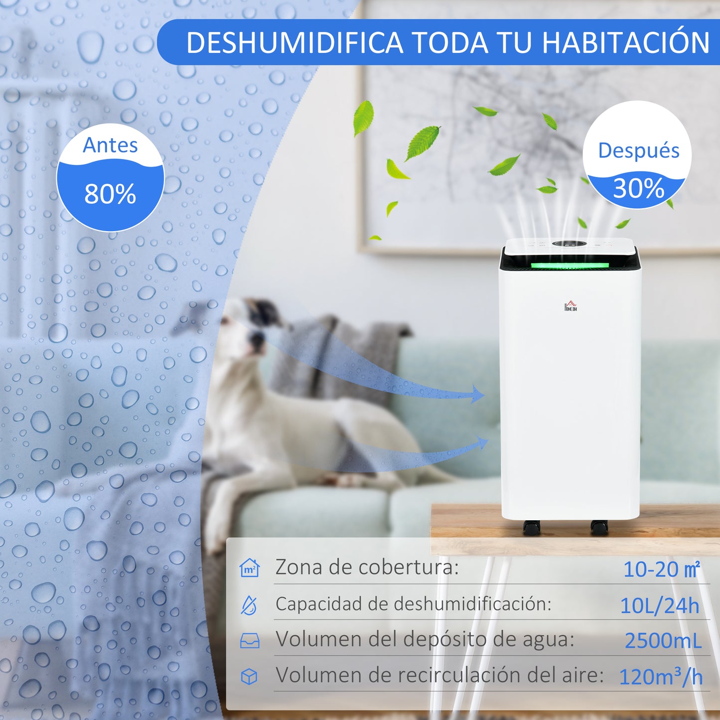 HOMCOM Deshumidificador Eléctrico 10L/día Depósito de Agua 2,5L Deshumidificador Silencioso hasta 10-20m² con 5 Modos 2 Velocidades Pantalla LED Temporizador para Dormitorio Salón Blanco