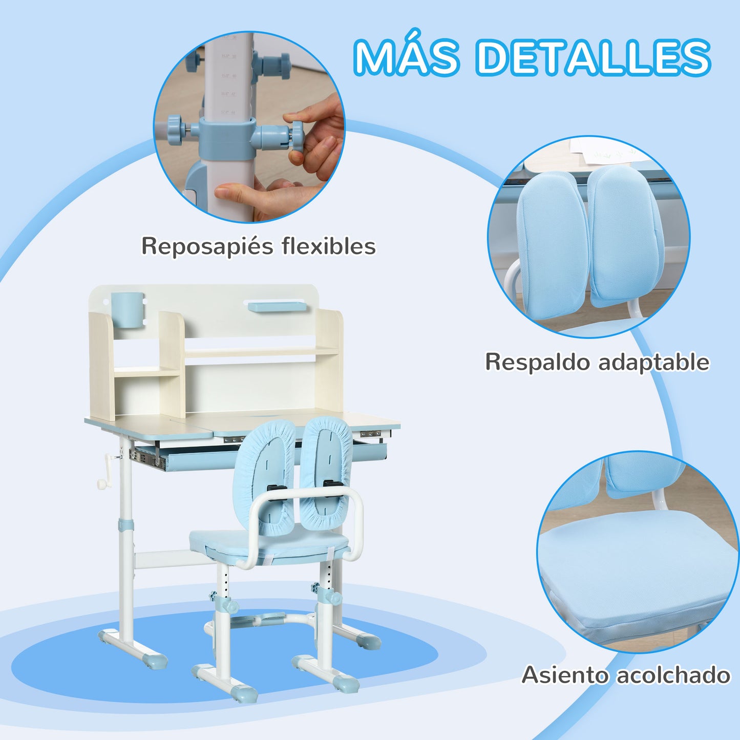 HOMCOM Juego de Escritorio y Silla para Niños de +3 Años Pupitre Infantil Altura Ajustable con 1 Cajón 1 Estante para Libros y Tablero de Mesa Inclinable 80x52x88-109 cm Azul y Blanco