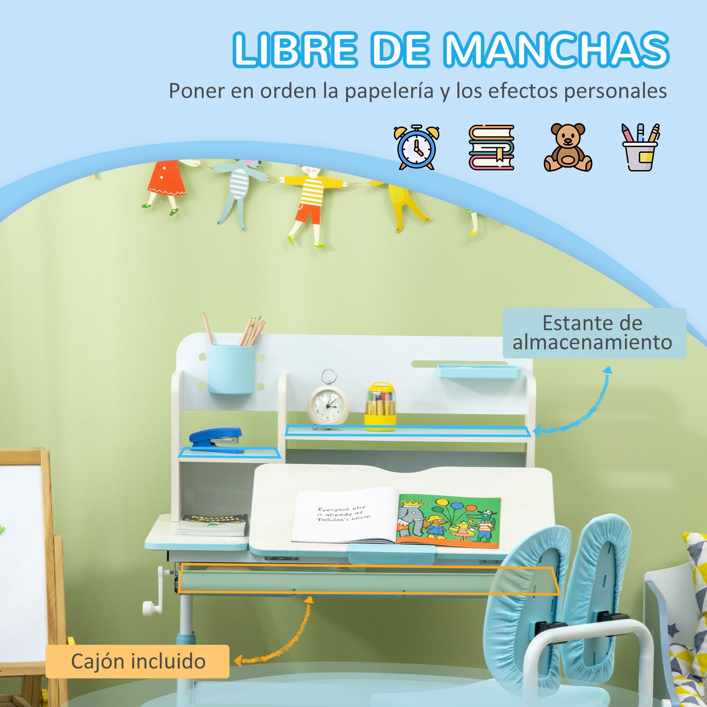 HOMCOM Juego de Escritorio y Silla para Niños de +3 Años Pupitre Infantil Altura Ajustable con 1 Cajón 1 Estante para Libros y Tablero de Mesa Inclinable 80x52x88-109 cm Azul y Blanco