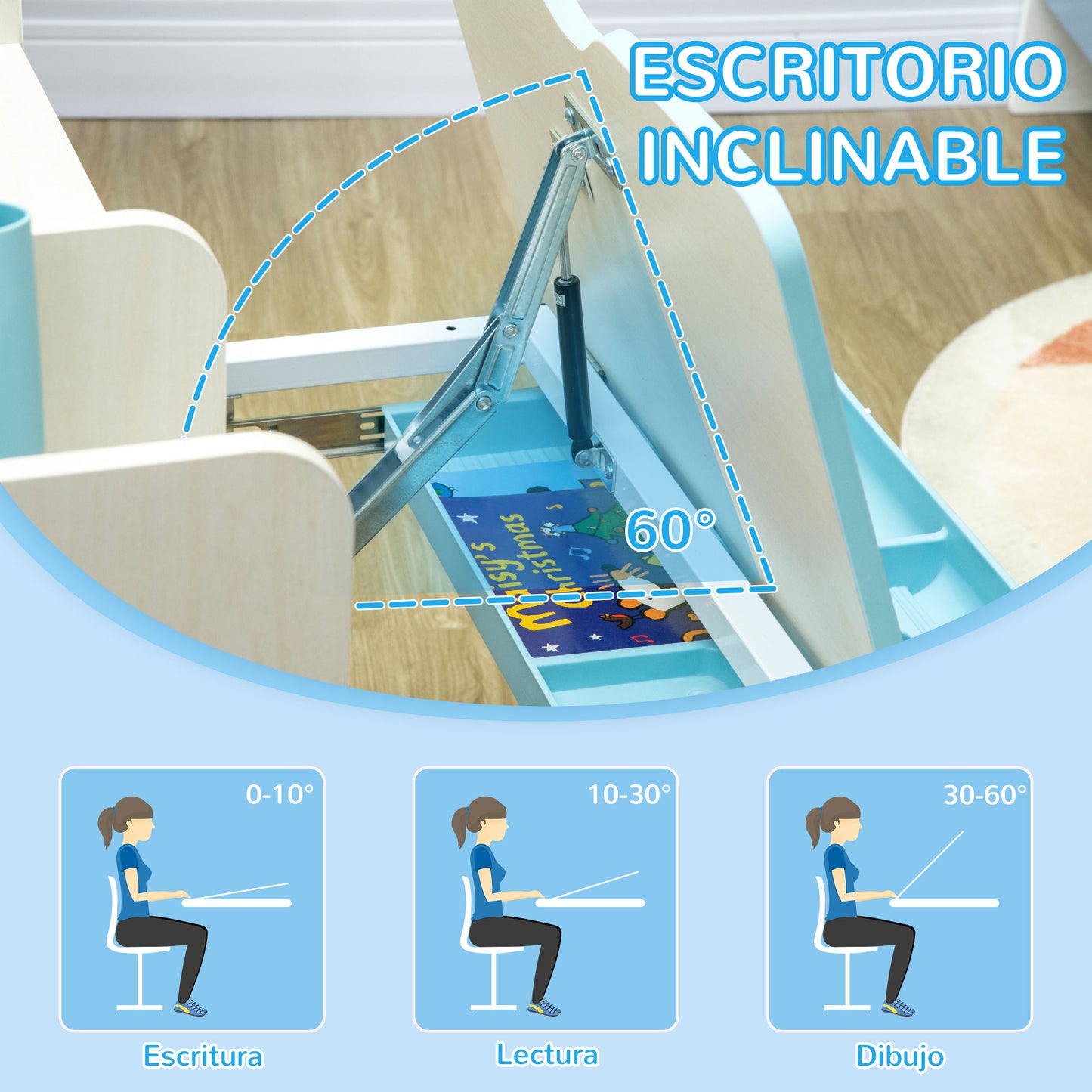 HOMCOM Juego de Escritorio y Silla para Niños de +3 Años Pupitre Infantil Altura Ajustable con 1 Cajón 1 Estante para Libros y Tablero de Mesa Inclinable 80x52x88-109 cm Azul y Blanco